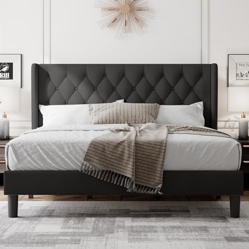 Feonase King Size Bed Frame with Wingback Tufted Headboard, Upholstered Platform Bed Frame with Heavy Duty Wooden Slats Support, Noise-Free, No Box Spring Needed, Easy Assembly, Black