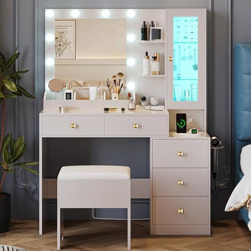 Vanity Desk with Mirror and Lights, Makeup Vanity Table Set with 5 Storage Drawers, Power Outlet & Chair, Small Dressing Table with RGB Ambient Light, Adjustable Brightness for Girls Bedroom, White