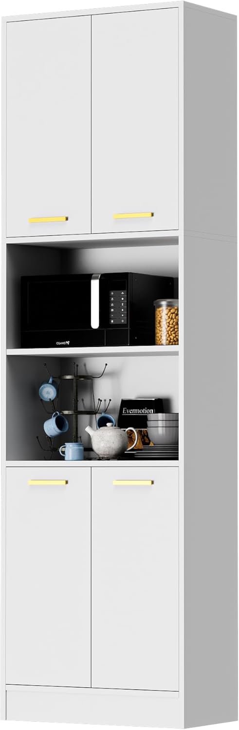 Cozy Castle Kitchen Pantry Cabinet, 75" Tall Wood Storage Cabinet with Doors and Shelves, 4 Doors Open Countertop Utility Hutch Cupboard for Dining Room Living Room Bathroom Furniture, White