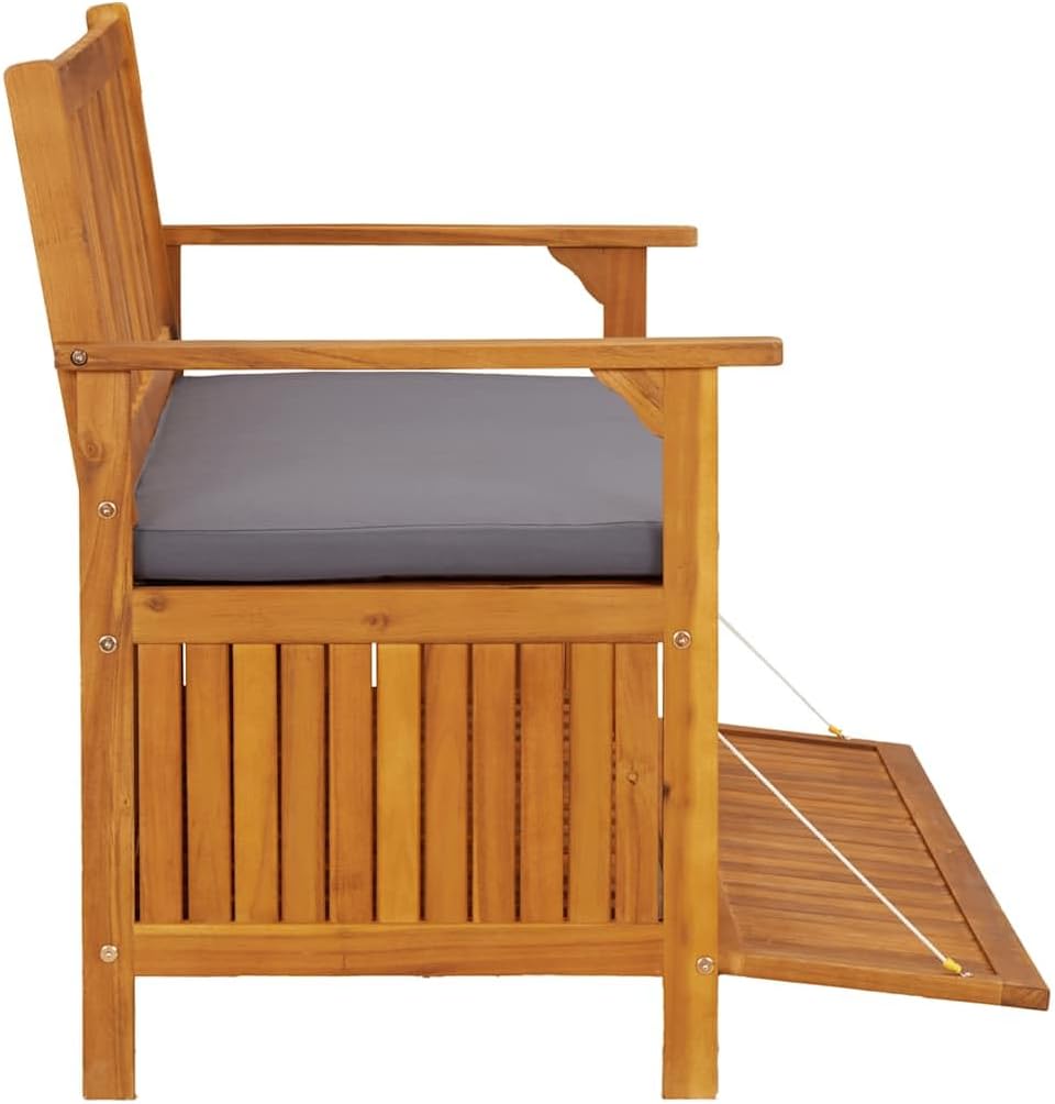 Patio Storage Bench 47.2 Inch Solid Acacia Wood with Hidden Seat Compartment and Cushions for Outdoor Garden Deck Backyard Seating