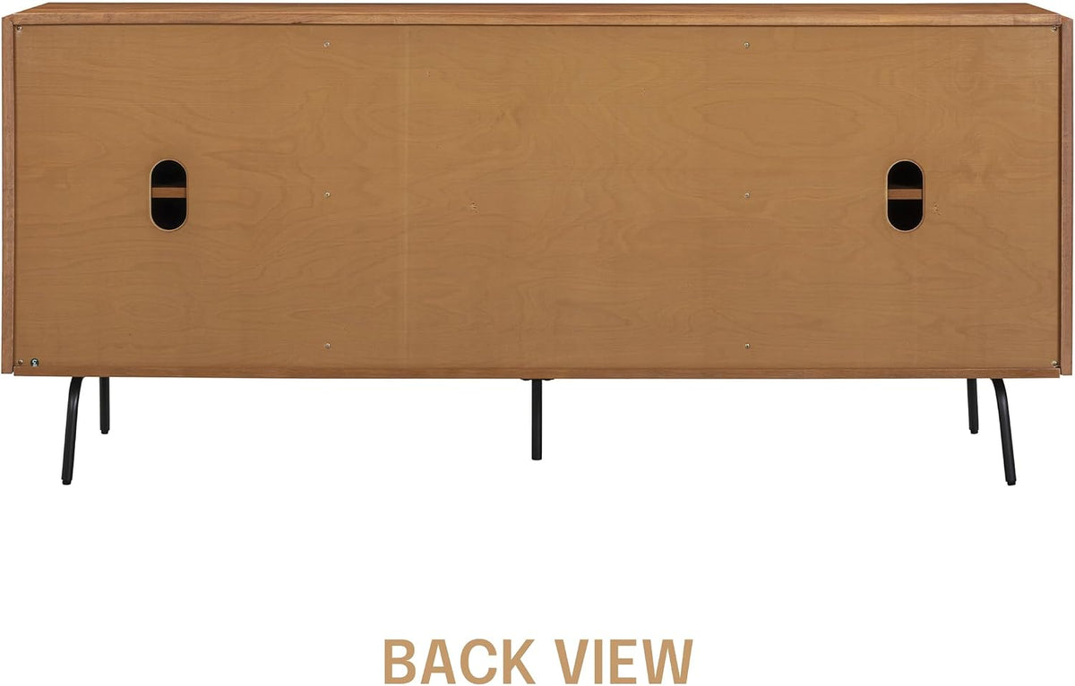 NTC MOSSIC Modern Large Sideboard with 2 Doors 3 Drawers, Natural Rattan Storage Cabinet, Buffet with Metal Legs, Boho Accent Cabinet for Living Room, and Entryway, Effortless Assembly, Teak Look