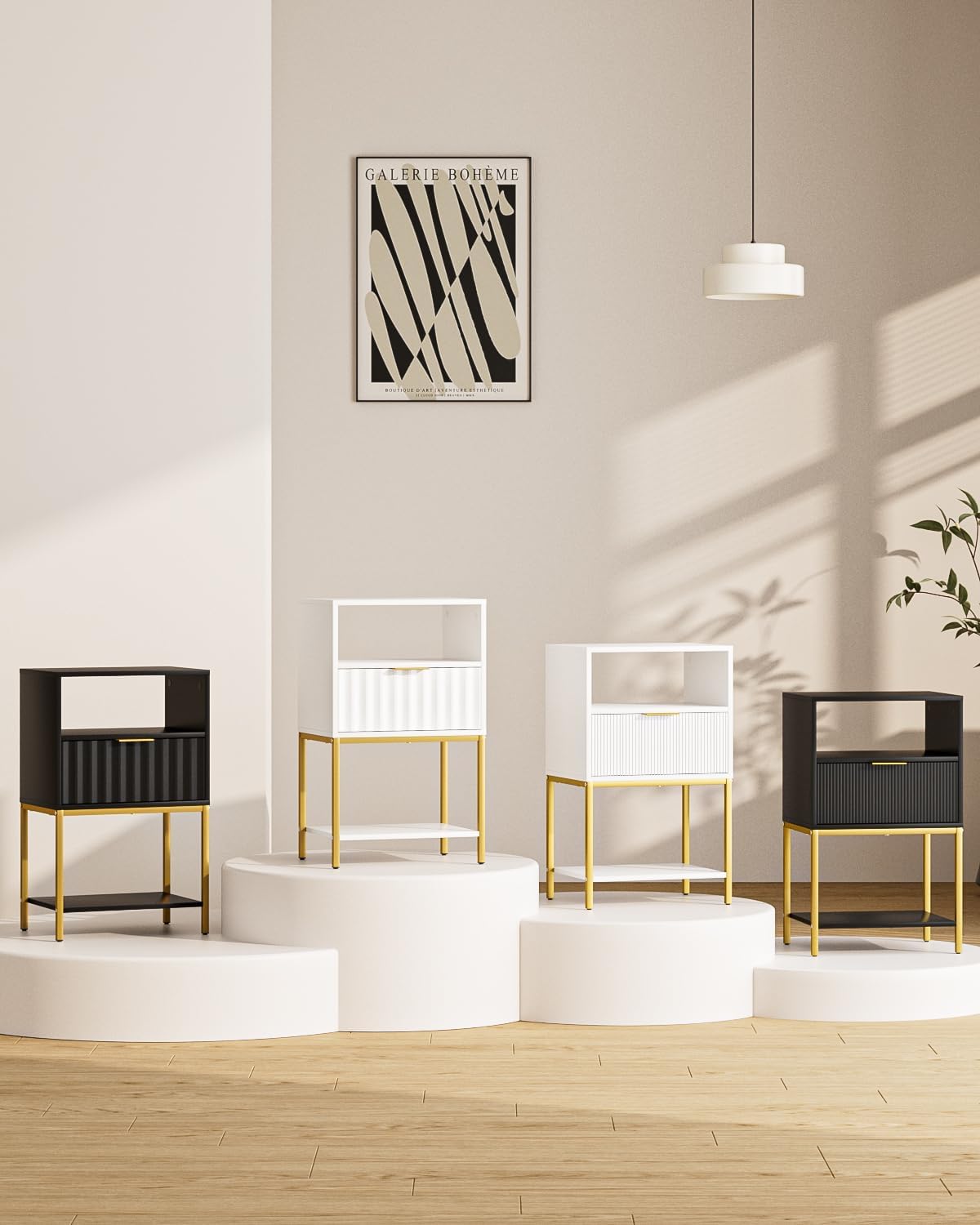Nightstand,Modern Bedside Table with One Drawer and Two Shelf,White Night Stand,Tall End Table with Gold Frame for Bedroom,Living Room,Wave