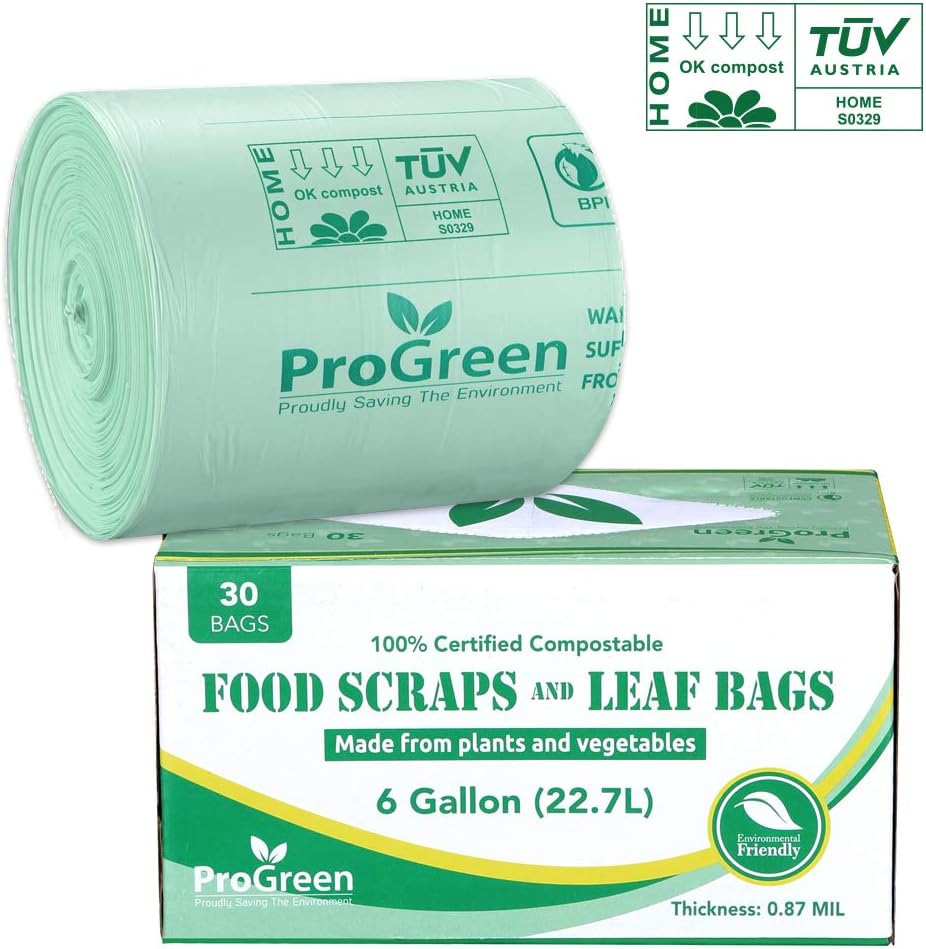 ProGreen Compostable Trash Bags, Extra Thick, Compost Kitchen Bin Bags, Food Scraps Yard Waste Bags, ASTM D6400 BPI and TÜV AUSTRIA Certified (6 Gallon, Pack of 30)