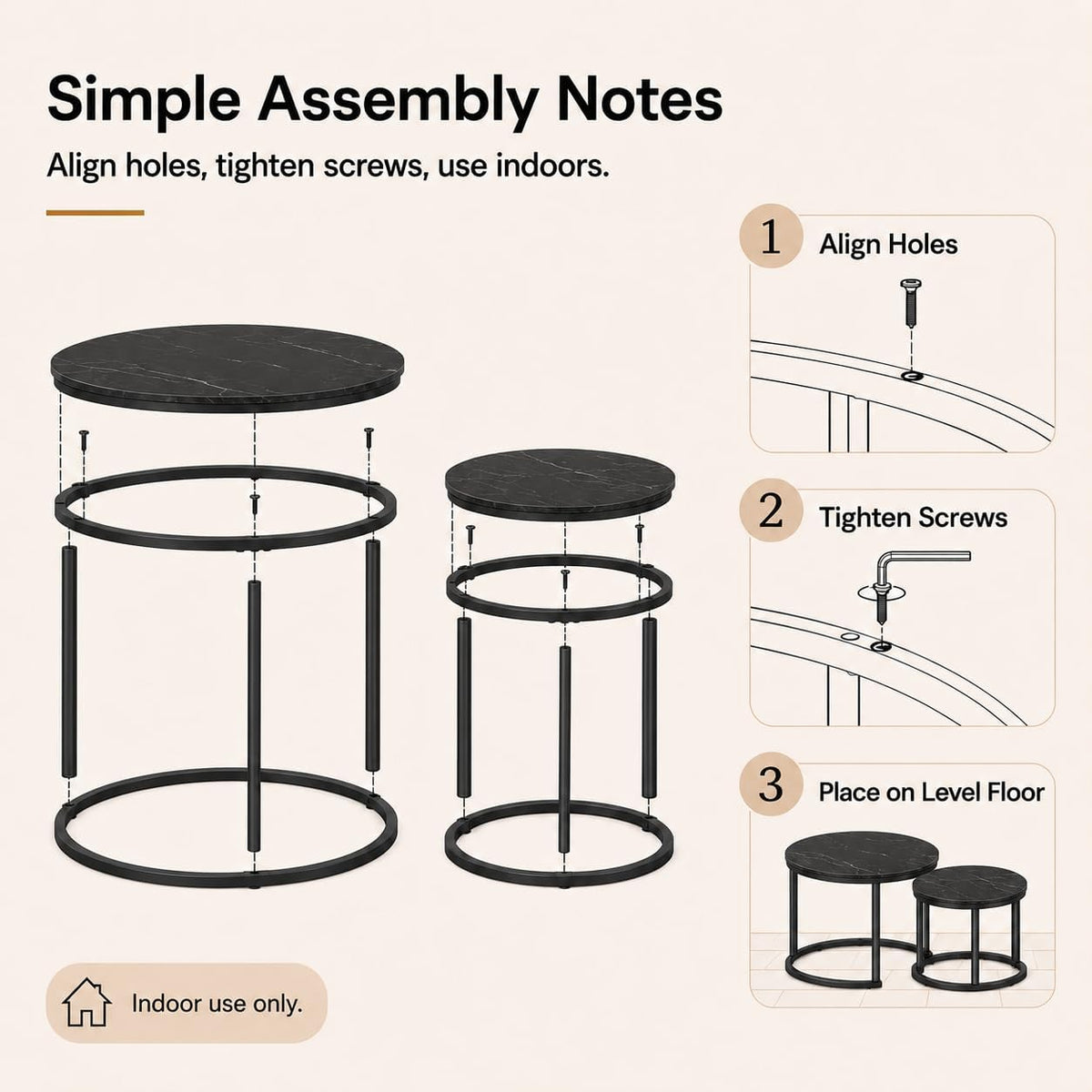 Nesting Coffee Table Set of 2,Black + Black | 27.6'' Industrial Coffee Table Nesting with Metal Frame, Round Coffee Tables for Living Room,Bedroom, Balcony