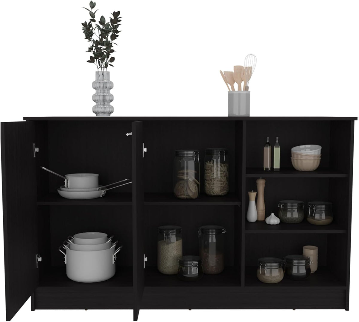 Kitchen Island with Three Open Shelves and Two Cabinets | Spacious 26" x 59" countertop with concealed storage and seating space