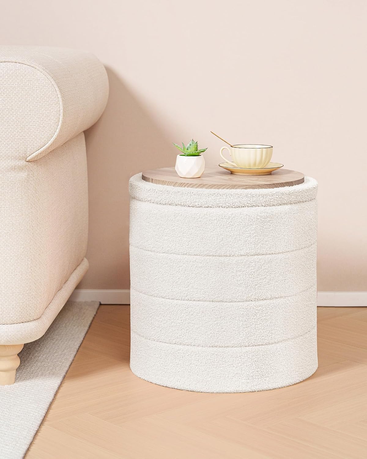 B FSOBEIIALEO Ottoman with Stroage, Round Sherpa Storage Ottoman Stool, Boucle Foot Rest 14.6"x14.6"x17.7"(Cream White
