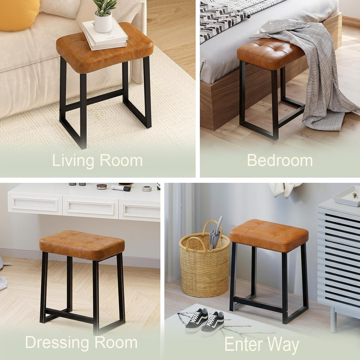 Vanity Bar Stool Chair, Makeup Stool Counter Height Stools,Small Ottoman Footrest for Living Room, Bathroom, Bedroom, Offices,Leather &Metal Legs with Anti-Slip Feet,Rustic Brown