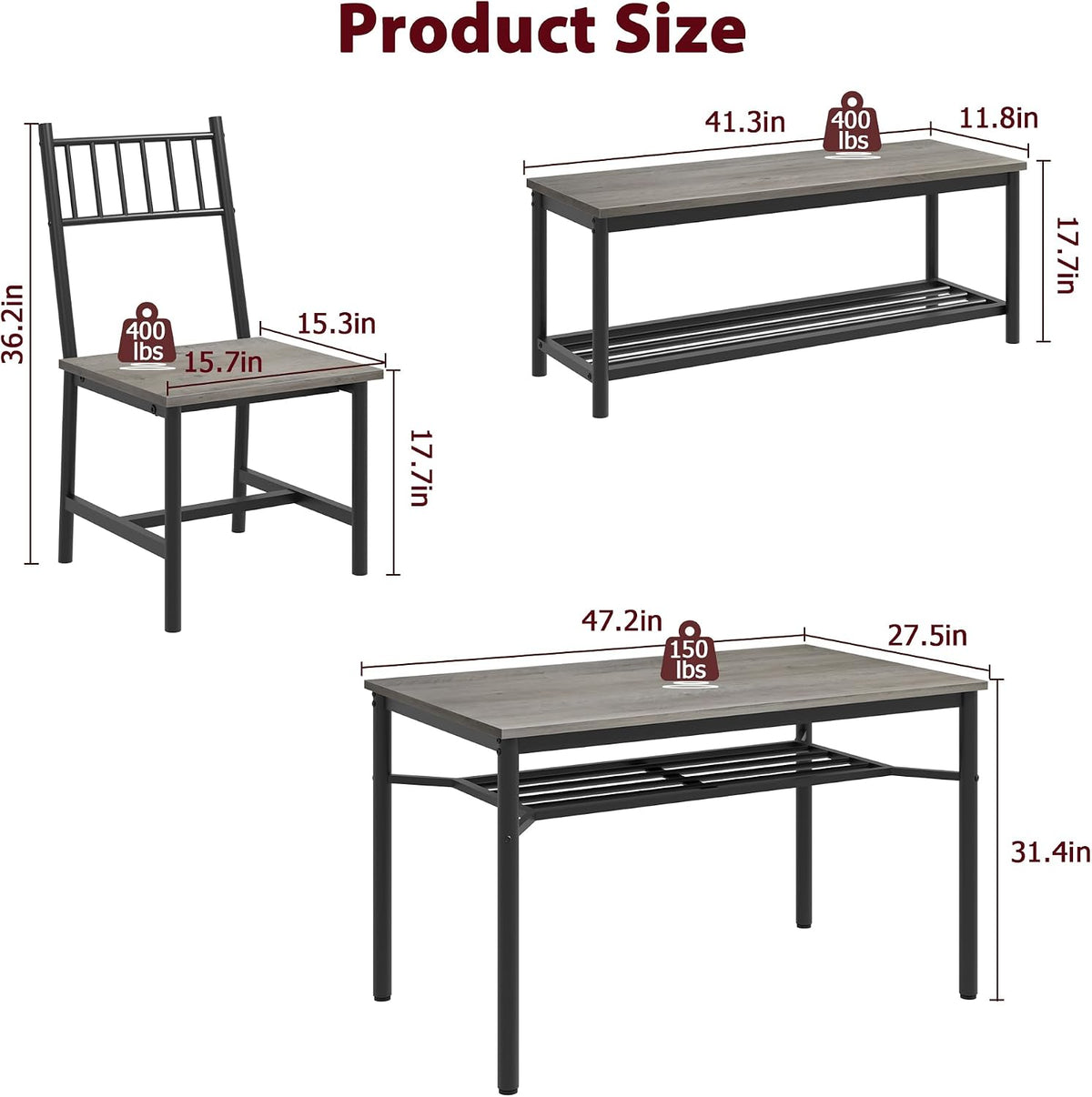 GarveeHome Dining Table Set for 4, Kitchen Table and Chairs for 4 with Wine Rack, Room Dining Table Set with Storage Benches, Rectangular Kitchen Table Set for Small Space, Apartment, Retro Gray