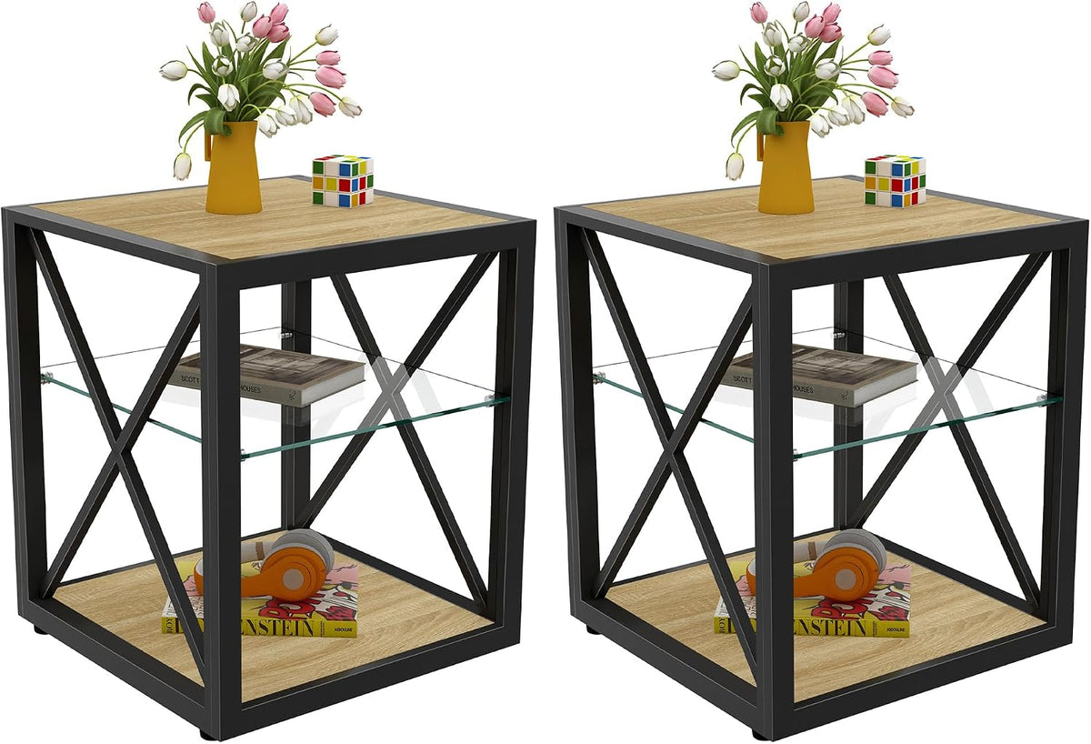 Modern End Table Set of 2 for Living Room 17.7" Bedroom Nightstand, Tempered Glass Shelf & Rustic Wood MDF Top Square Side Tables 2 Pack, Industrial Natural