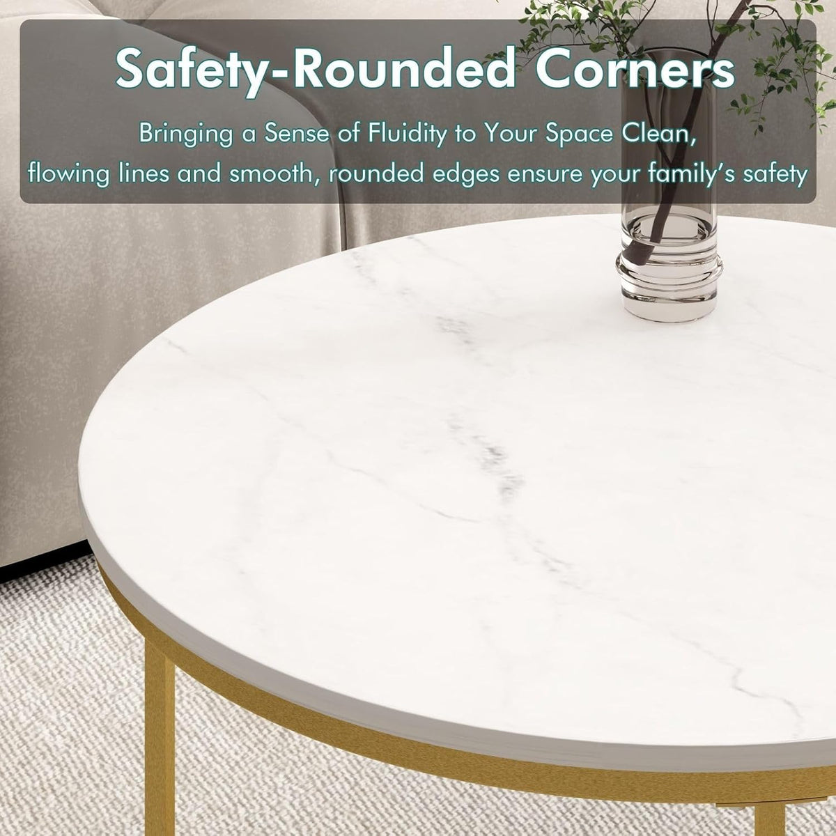 Nesting Coffee Table Set of 2, Round Tables with Marble Pattern MDF Top | Space-saving nested design, 120 LBS load capacity, luxury marble-look finish, gold metallic base, quick 10-min assembly