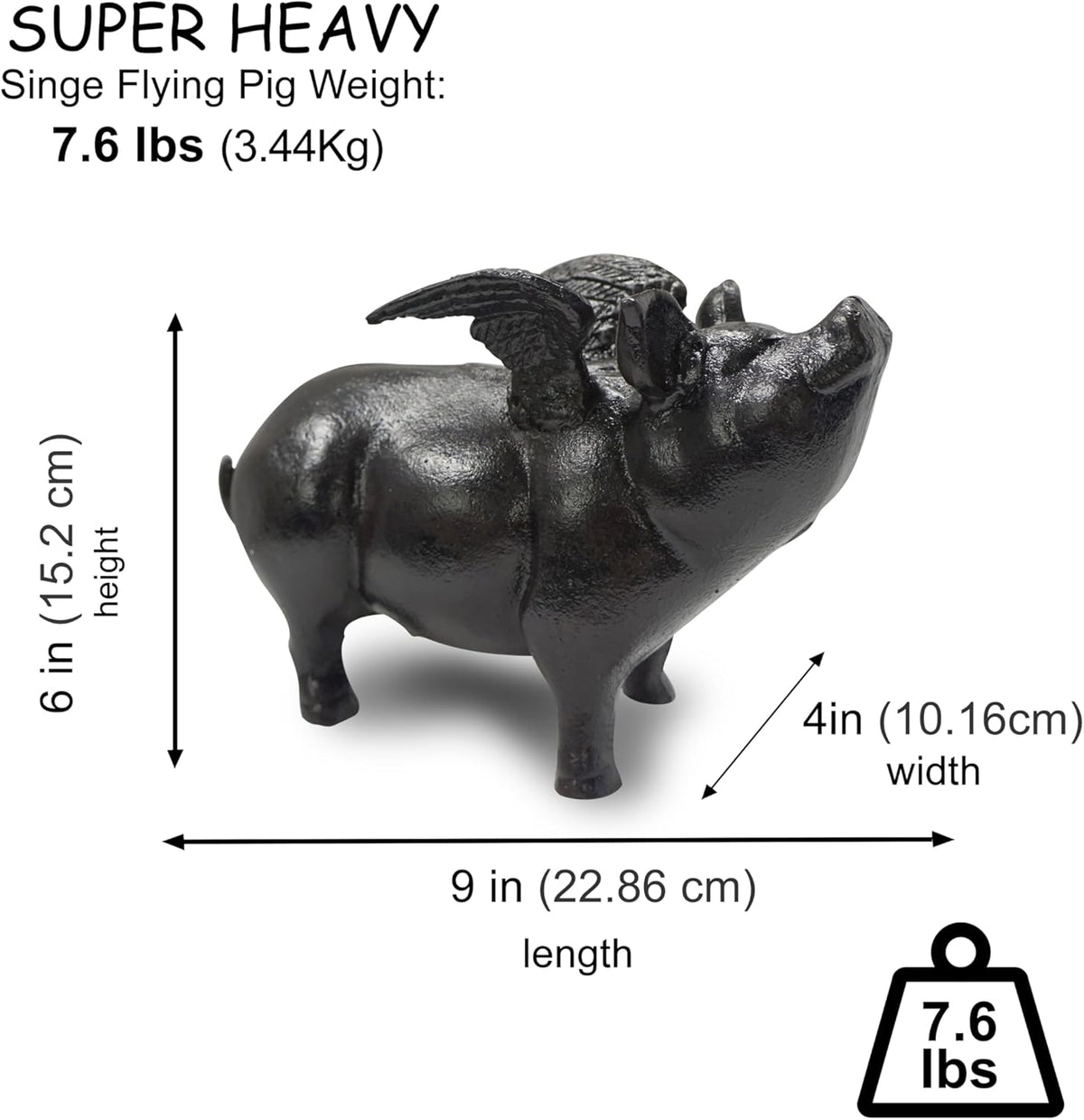 NACH Cast Iron Pig Statue - Black Door Stopper & Paperweight, 9x4x6 inch, JS-90-7131