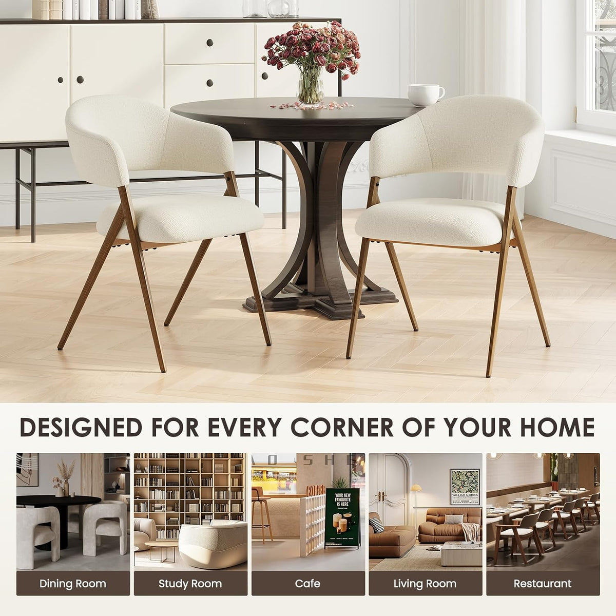 COLAMY Modern Dining Chairs Set of 6, Upholstered Fabric Dining Room Kitchen Island Dinner Chairs with Iron Legs, Open Back and Padded Seat for Living Room/Bedroom/Restaurant/Cafe, Beige