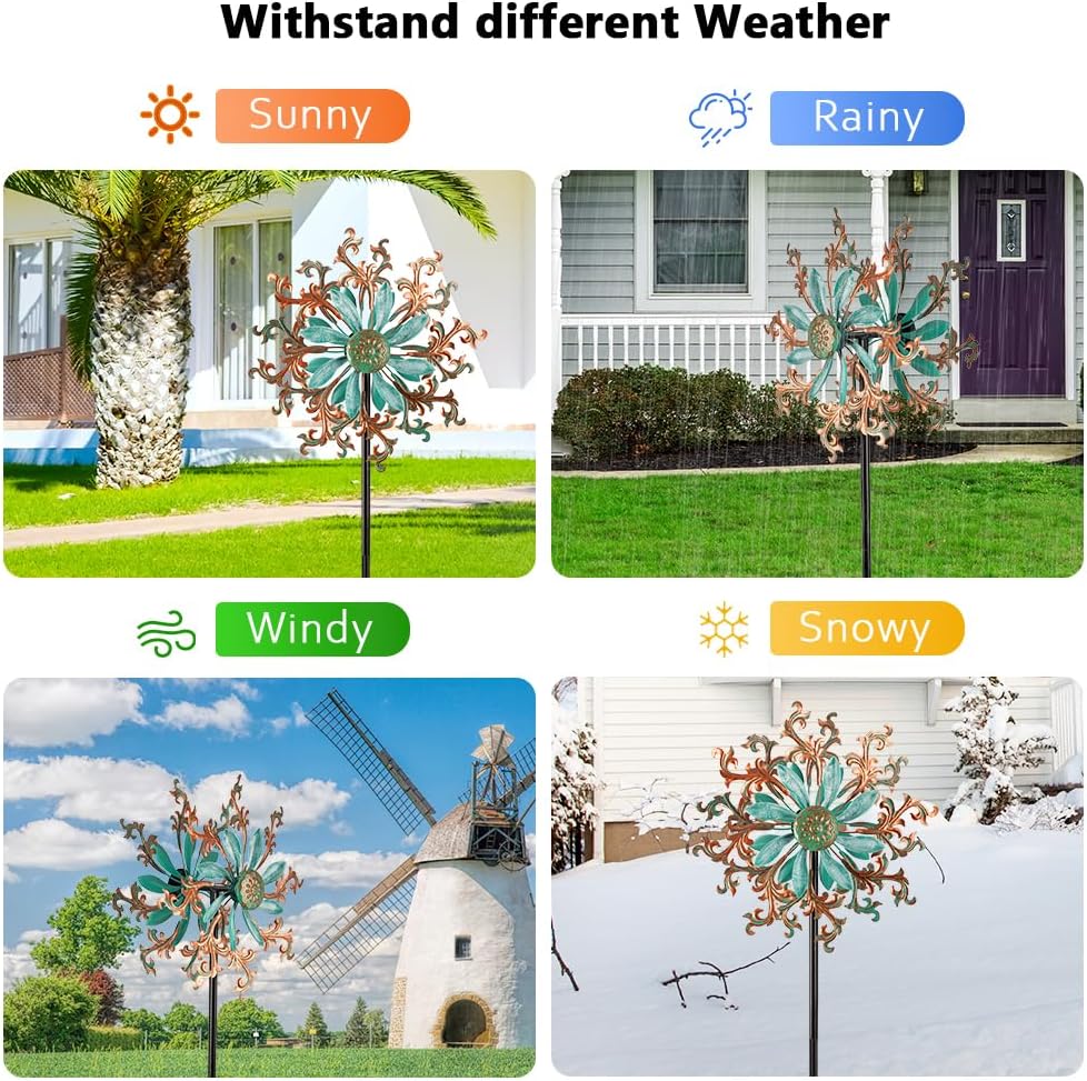 Viveta Wind Spinners Outdoor, Metal Wind Sculptures for Yard and Garden,13 * 57 "Double Windmill with Stable Stake
