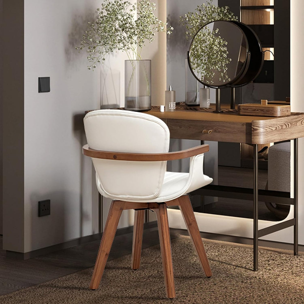 LUNLING Swivel Dining Chairs Set of 4, Mid Century Modern White Faux Leather Kitchen Chairs with Arms,Bamboo Legs Side Chairs No Wheels,Accent Chair for Dining Rooms and Offices