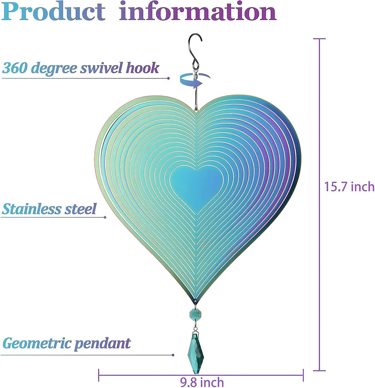 Wind Spinner, Hanging Wind Sculptures,Wind Spinners for Yard and Garden Decor,Yard Decorations Outdoor,Hanging Art Ornaments for Garden Yard Balcony Decor (Rainbow Heart)
