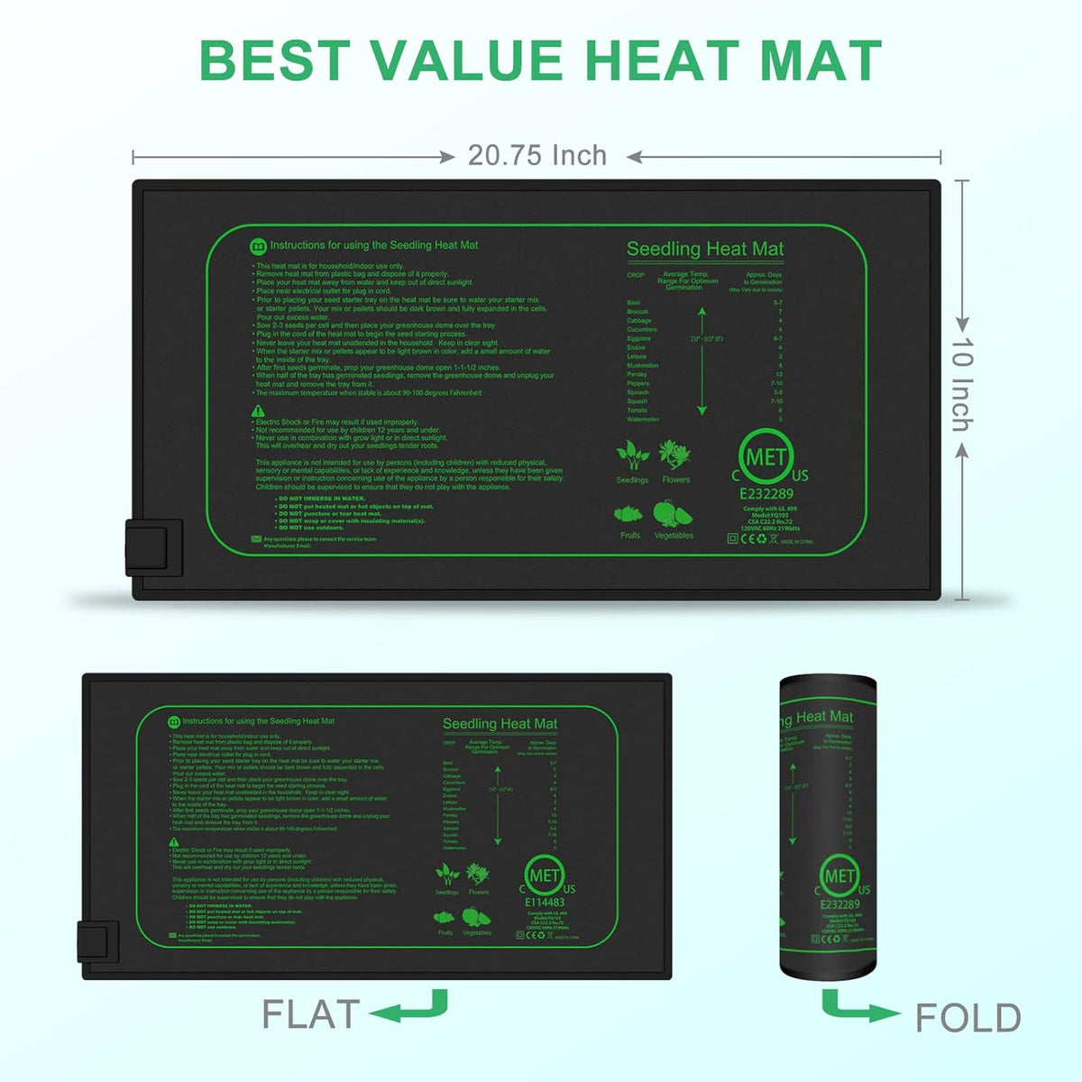 GYTF 21W Seedling Heat Mat for Seed Starting, 10" x 20.75" Waterproof Heating Pad for Indoor Plants Germination Hydroponic, MET Standard - 2 Pack