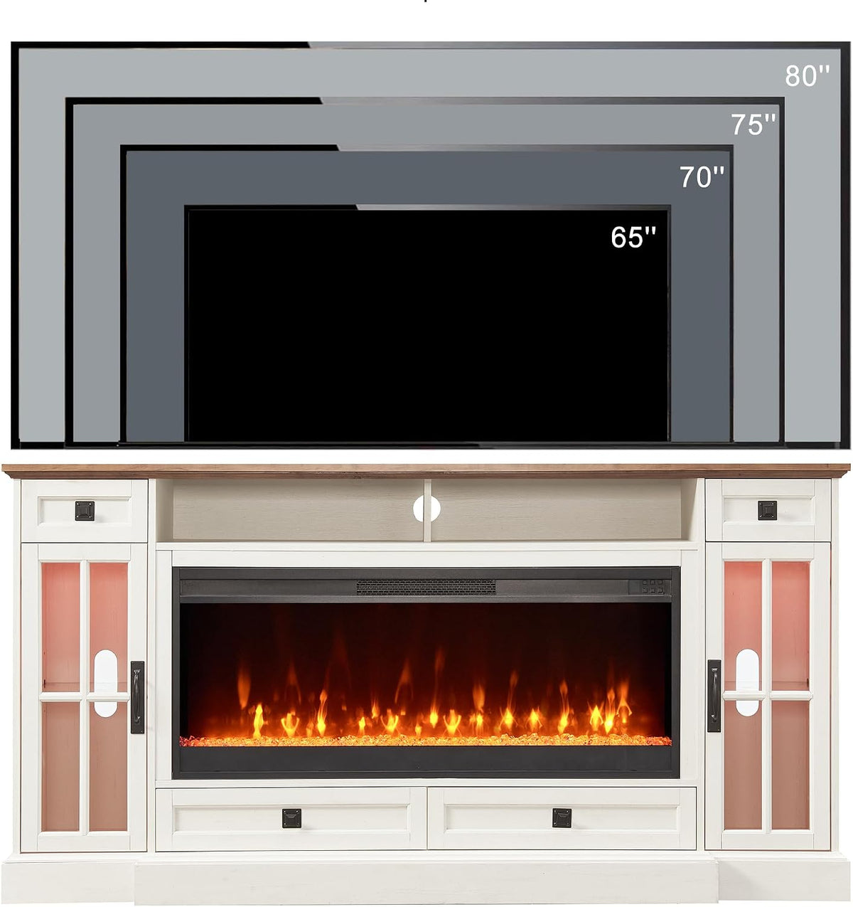 OKD 70" Farmhouse Fireplace TV Stand for 80 Inch TV, Antique White | 42" Crystal Fireplace, LED Lights, Storage Drawers, Glass Cabinets, Adjustable Shelves, Modern Highboy, for Living Room