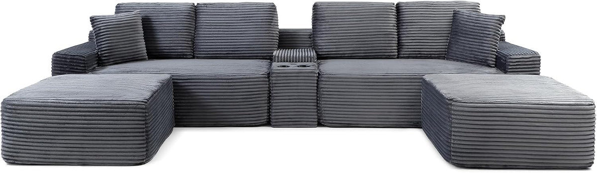 125" Oversized Sectional Couches for Living Room, Modern Cloud Couch with Ottoman,USB Port&Cup Holders, Comfy Corduroy Modular Sectional U Shape Sofa Couch for Apartment, Grey Couch in a Box
