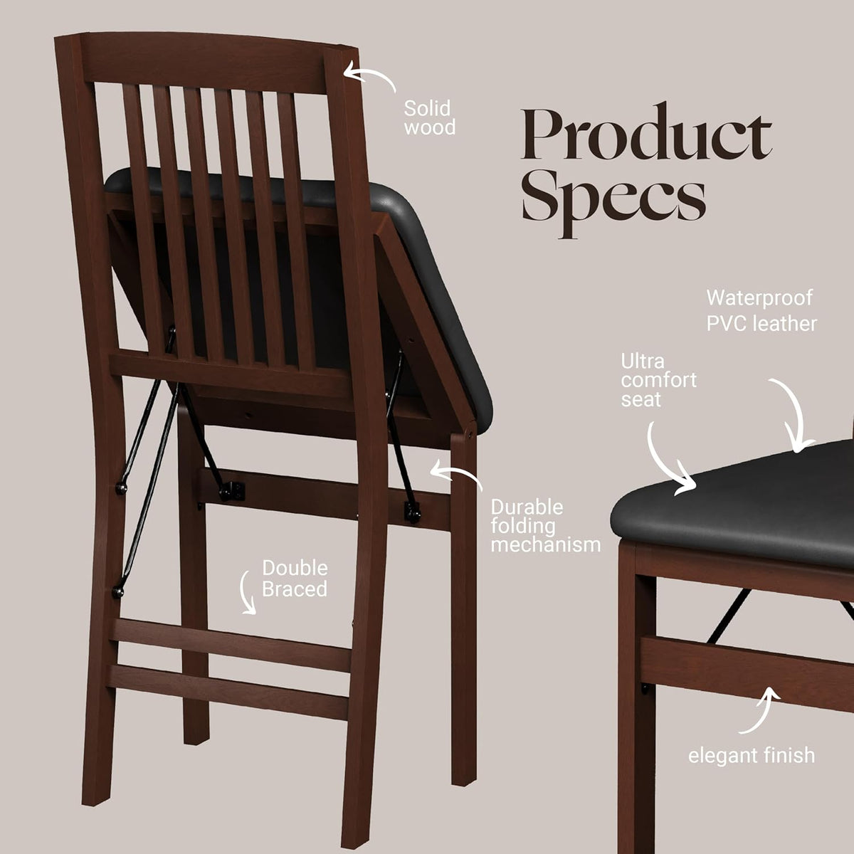 SIMPLEX Folding Wood Dining Chairs, Padded, No Assembly, 2 Pack | Solid rubberwood frames support 400 lb each; PU leather cushions fold to 17 inches for kitchens, apartments or extra seating.