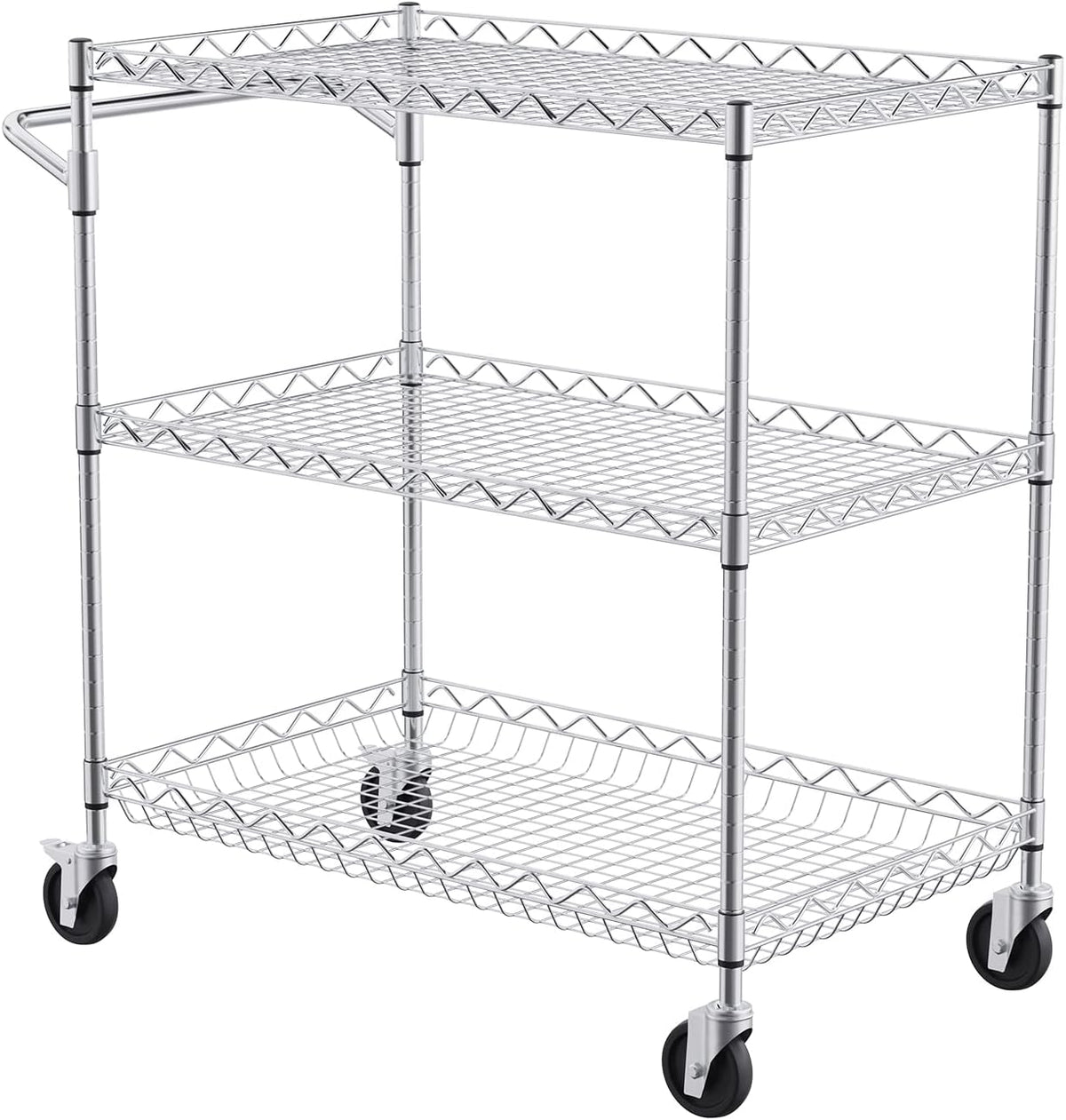 VEVOR Kitchen Utility Cart, 3 Tiers, Wire Rolling Table with 661 LBS Capacity, Steel Service Desk on Wheels, Metal Storage Trolley with 80 mm Deep Basket Curved Handle 6 Hooks