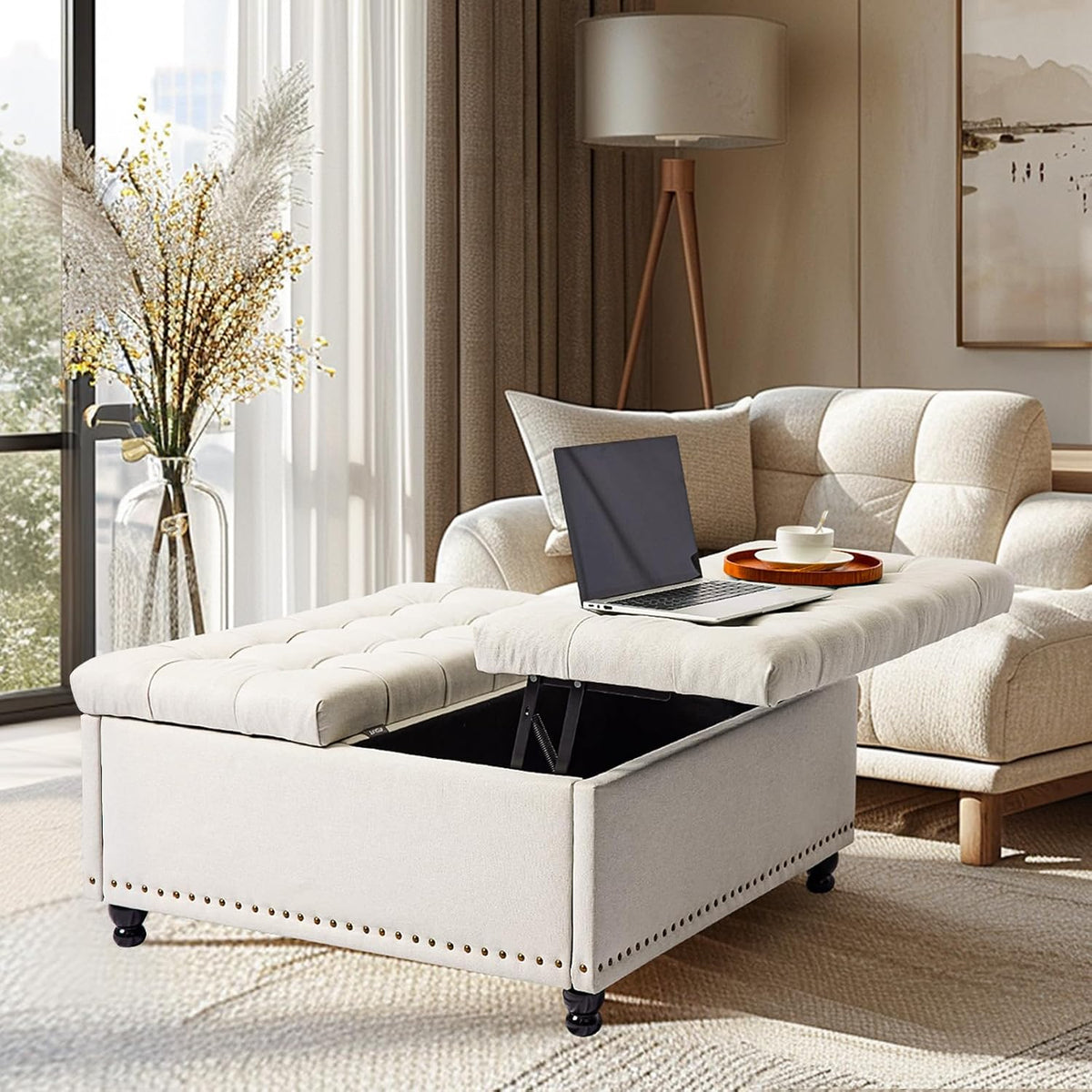 Redlife 35 Inch Large Square Storage Ottoman, Coffee Table Ottoman, Linen | Lift Top Ottomans Bench Square Footrest Oversized Upholstered Coffee Table for Living Room Bedroom (Beige)