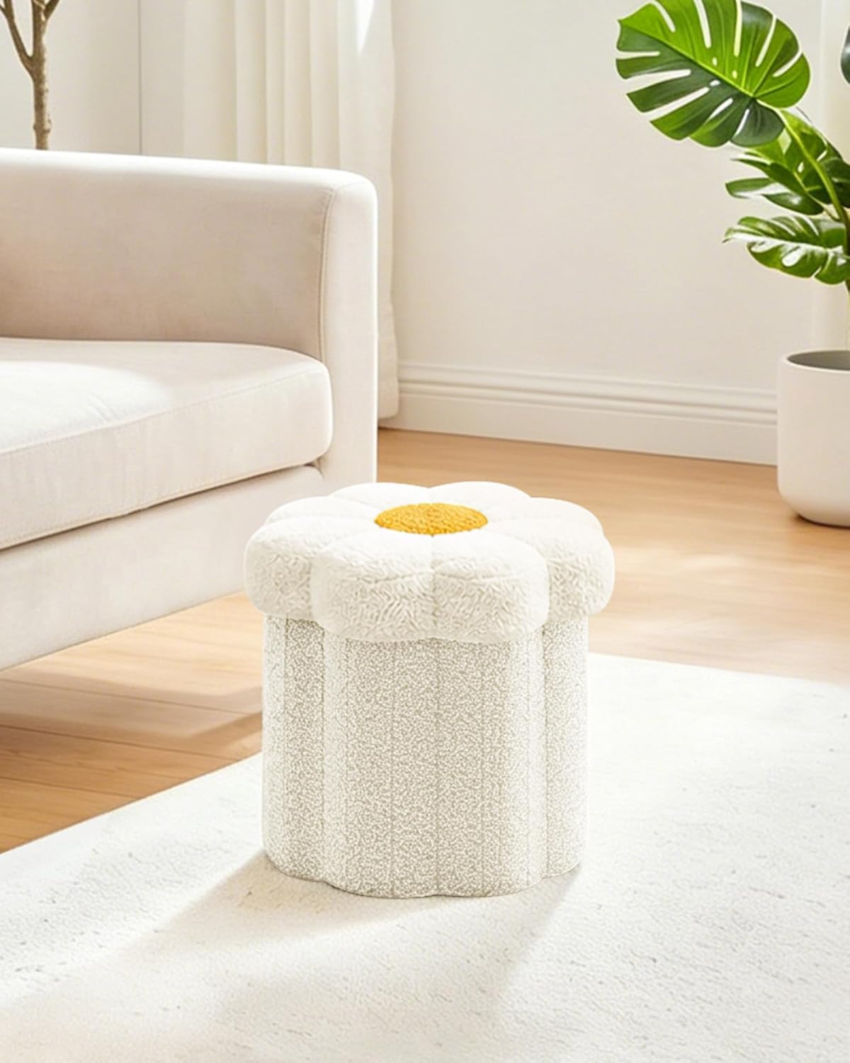 B FSOBEIIALEO Storage Ottoman Cube, 12.6" Ottoman with Storage, Cream White | Sunflower Shaped Footstool,Small Ottomans for Dorm , Faux Teddy Fur, Collapsible Folding Pouf Seat,Living Room, Entryway