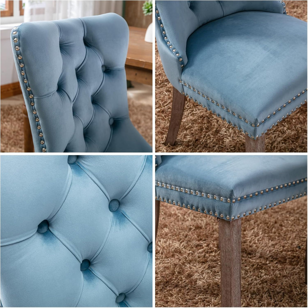 Dining Chairs Set of 2, Dining Chair with Velvet Upholstery Seat & Contoured Backrest, Solid Wood Living Room Chair with Nail Head Details, Hand-Made Pull-Up, Support up to 280 Lbs, Light Blue