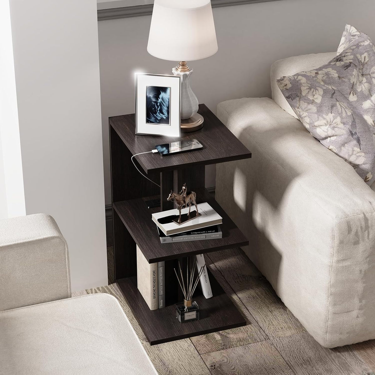 End Table, Side Table, Nightstand, USB Ports and Outlet,3-Tier Storage Shelf, Sofa Table for Small Space, Living Room, Bed Room(Brown)