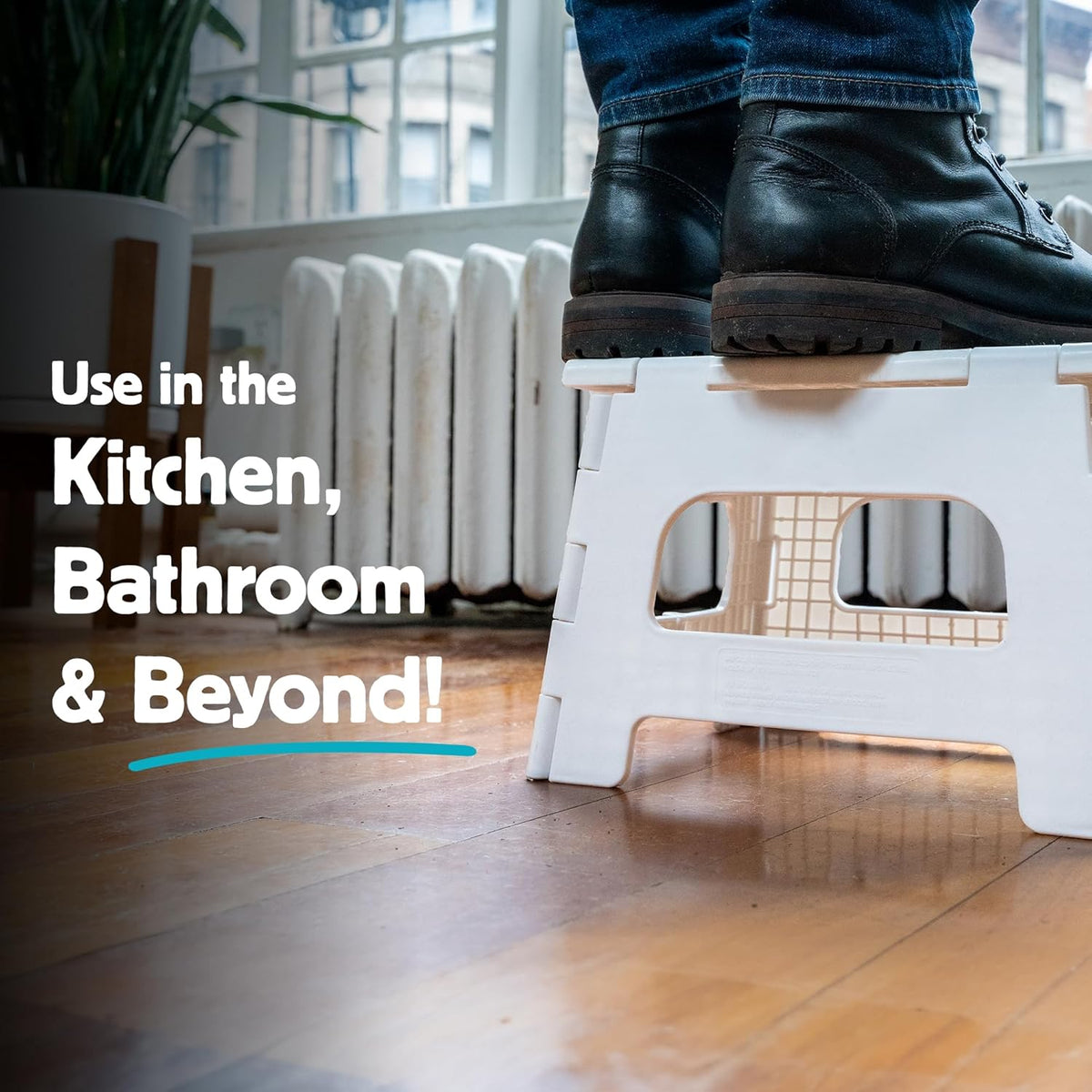 Kikkerland Rhino Foldable Step Stool – Holds Adults up to 300 Lbs, Best for Kitchen & Bathroom – Collapsible, Portable, Lightweight Stepping Stool with Sturdy, Non-Slip Design – White, 8”