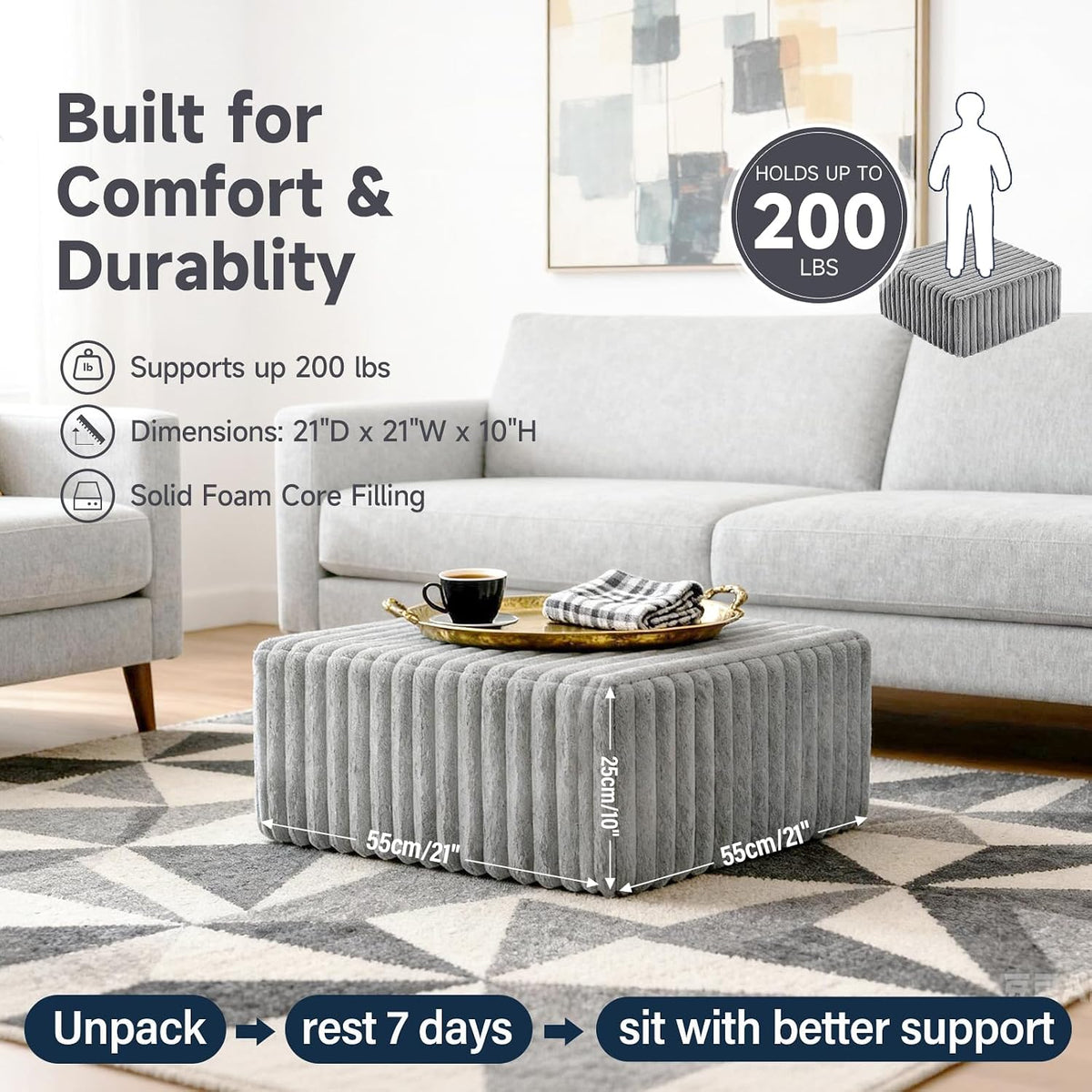 Tiita Square Stuffed Pouf Ottoman, Soft Foot Stool with Solid Foam Block | 21x21x12 Inches Fluffy Floor Pouf Chair & Footrest Cushion for Couch Living Room,Grey