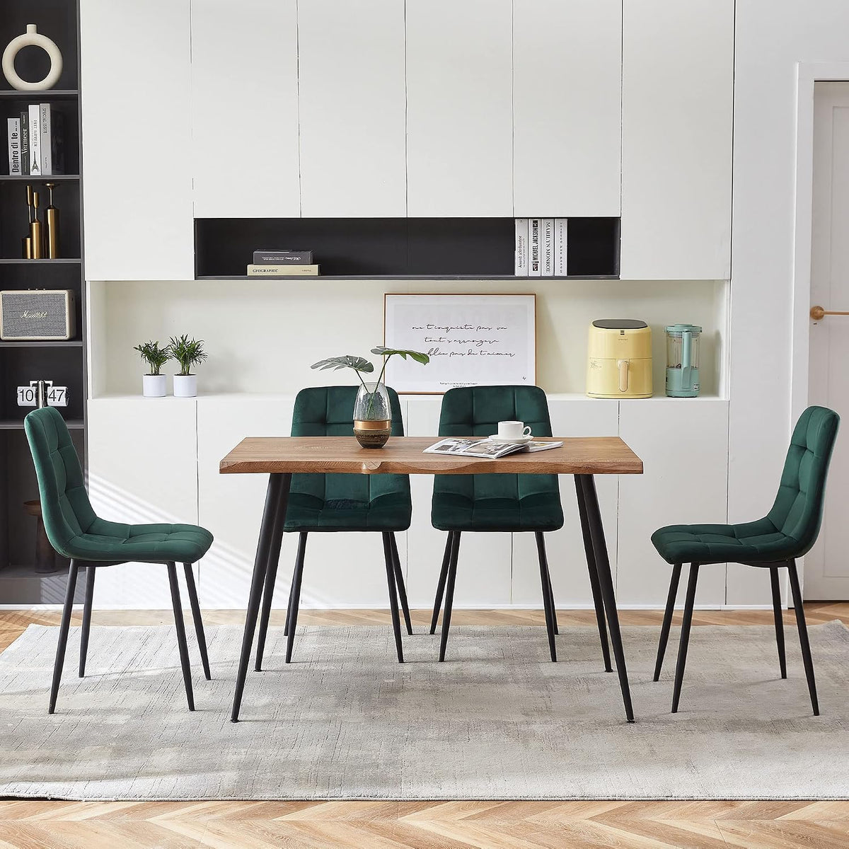 NORDICANA 5-Piece Dining Table Set, 47 in Modern Irregular Rectangle Kitchen Table & 4 Forest Green Velvet Upholstery Side Chairs, Metal Legs, Dining Room Set for 4