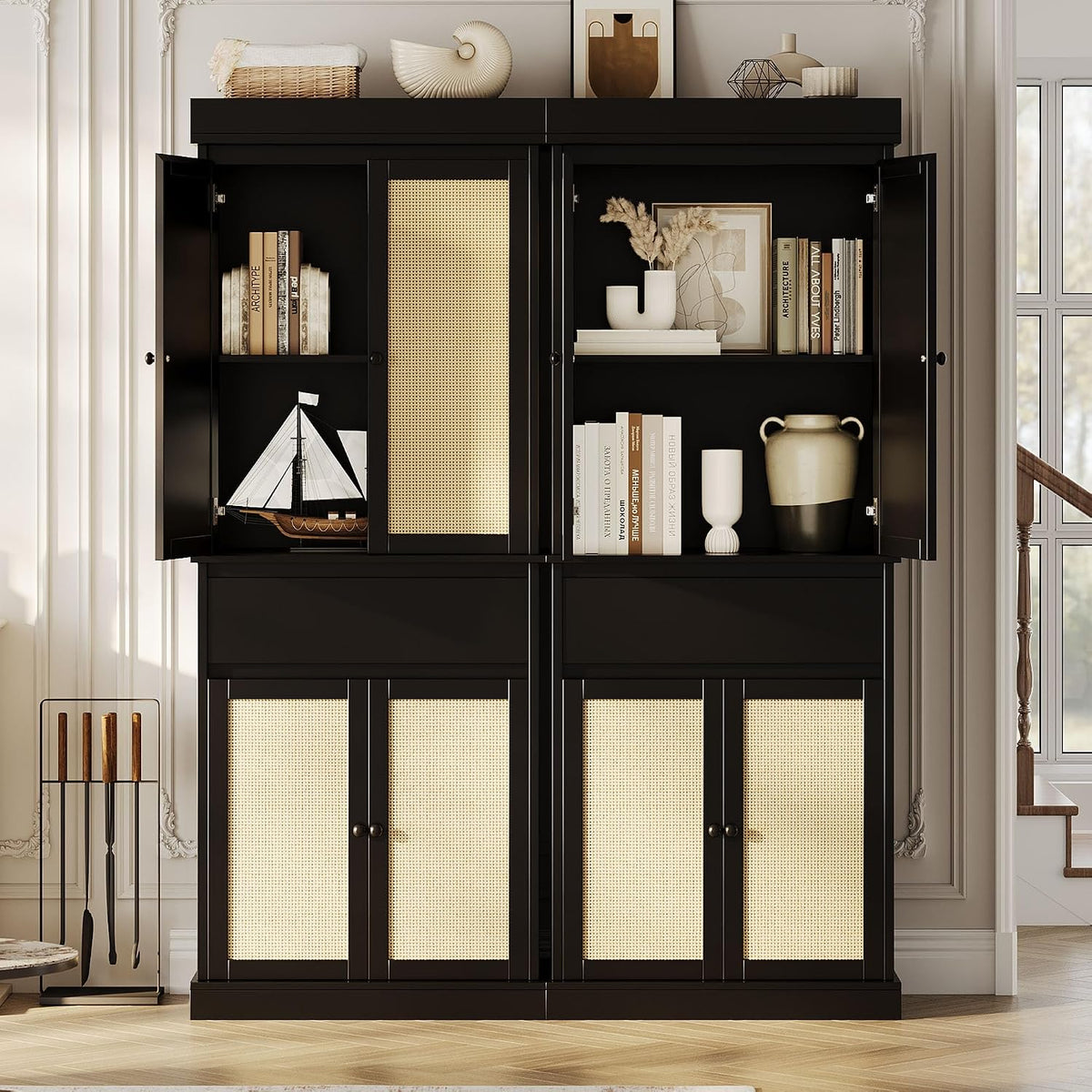 IDEALHOUSE Pantry Cabinet,70" Tall Kitchen Pantry Cabinet with 4 Doors and 3 Adjustable Shelves, Freestanding Cupboard, Modern Storage Cabinet for Bathroom, Dining Room, Living Room, Black Rattan