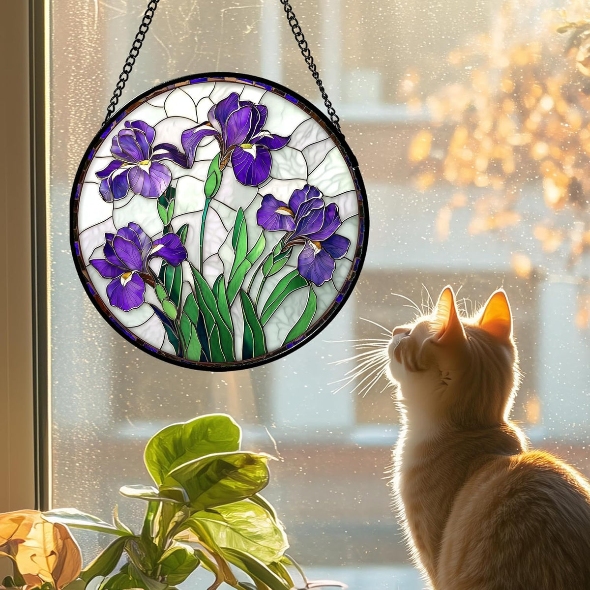 Stained Glass Window Hanging - Purple Iris Flower Sun Catcher for Door Terrace Garden Home Decor, Green Plants Suncatcher Birthday Gifts for Lovers Women Men Dad Mom Nana 11.8 in