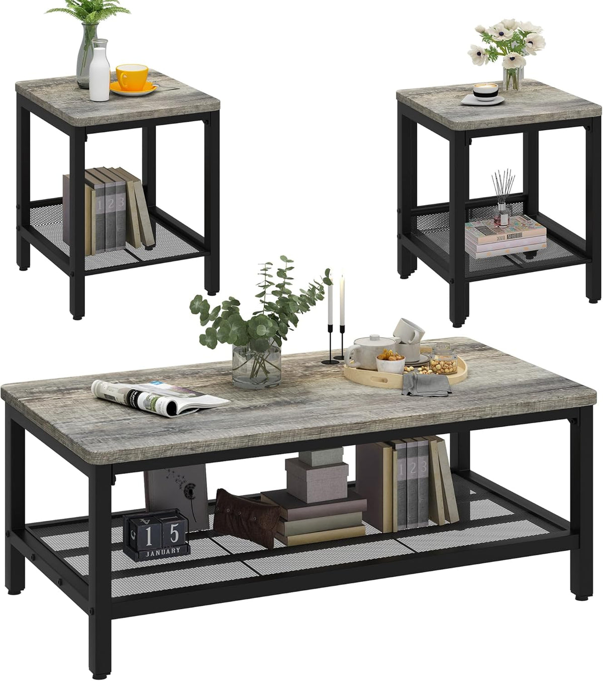 Lamerge Coffee Table Set of 3 Coffee Table and end Table Sets, Modern Metal Frame Living Room Center Table for Small Apartment Home Office(Gray)