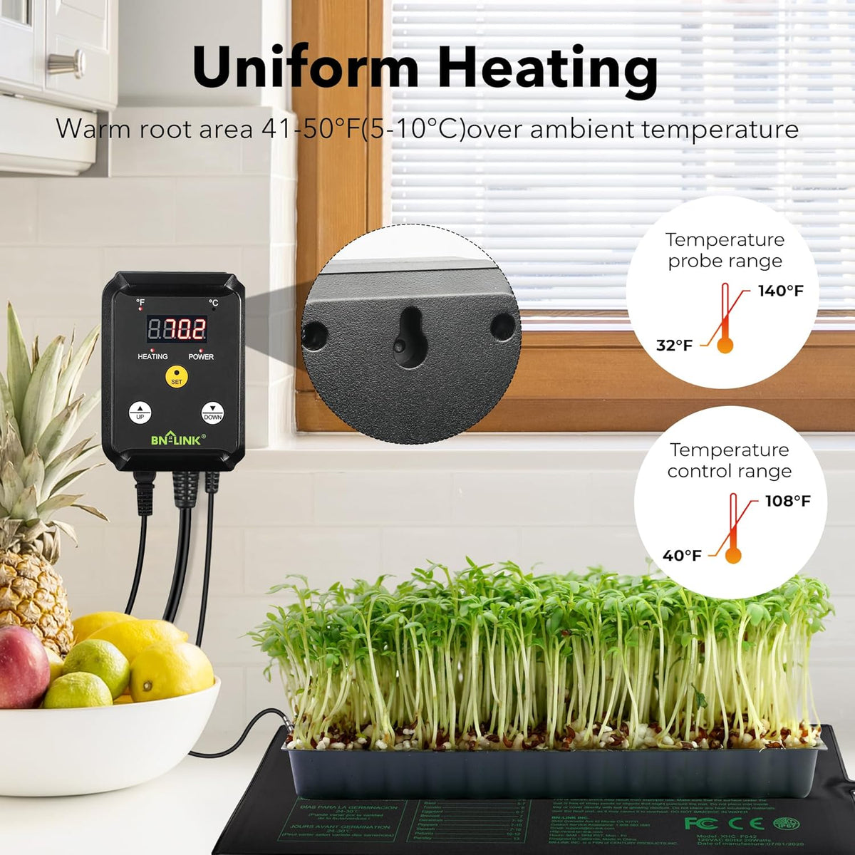 BN-LINK Seedling Heat Mat Heating Pad 20" x 20.75" with Digital Thermostat Controller Combo Set Waterproof for Indoor Seed Starting and Plant Germination