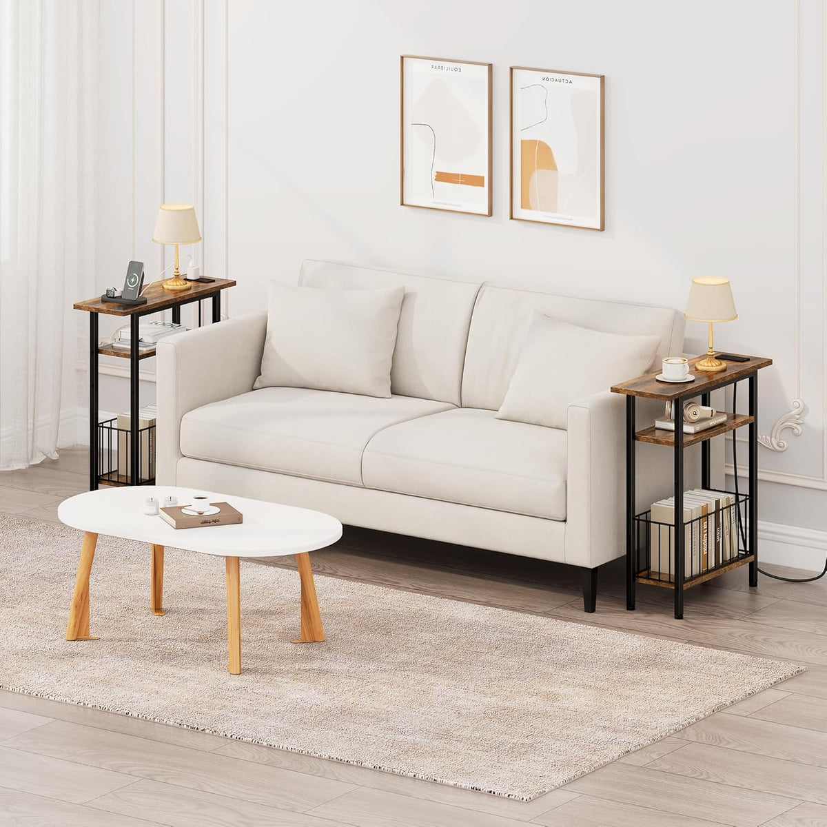 Vagusicc Narrow Side Table with Charging Station, 3-Tier Skinny Side End Table for Couch Sofa, Small End Side Tables for Small Spaces, 25.2" Tall Slim Nightstand for Living Room, Bedroom, Rustic Brown