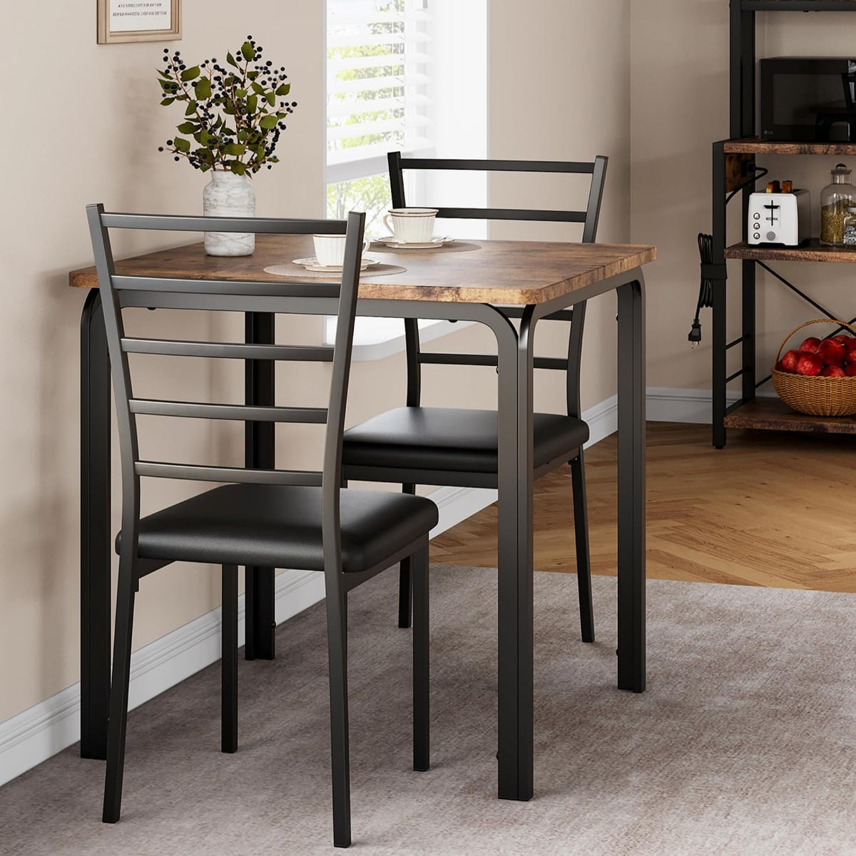 GarveeHome 3-Piece Kitchen Dining Room Table Chair Set for Small Space, Indoor Modern Dinette Set for 2, Square Dinner Table Set for Dinette (Rustic Brown, Dining Table with 2 Chairs)