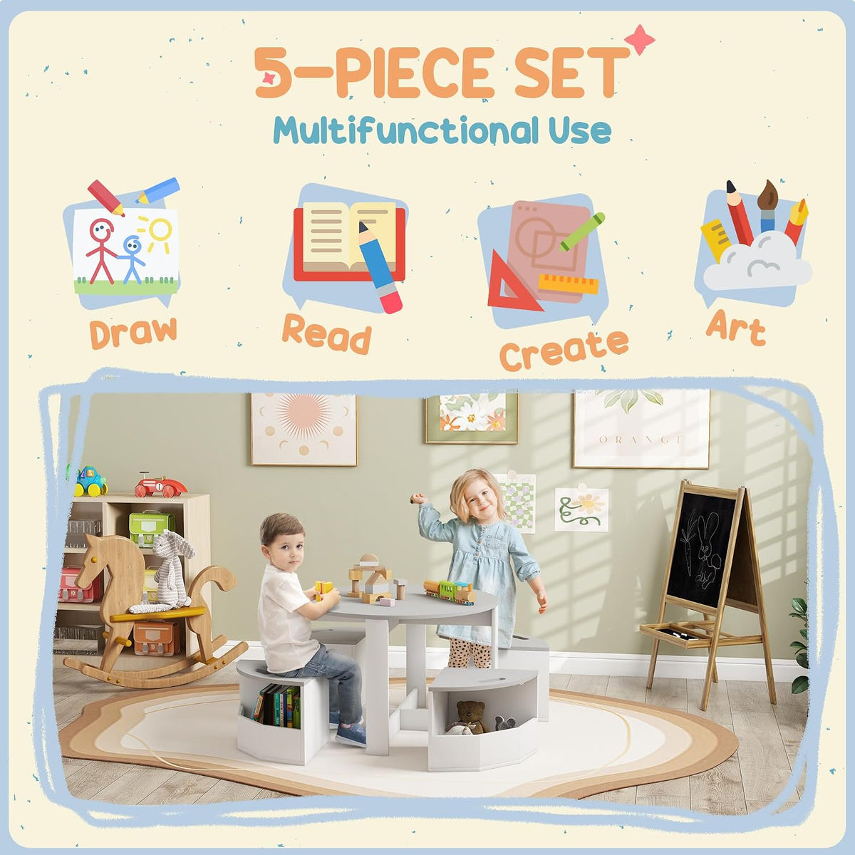 Kids Table and Chairs Set, 5-Piece with Storage for Art and Play, Gray | Gray Kids Furniture Set for Drawing, Crafts, Playrooms, Classrooms, and Nurseries with Storage