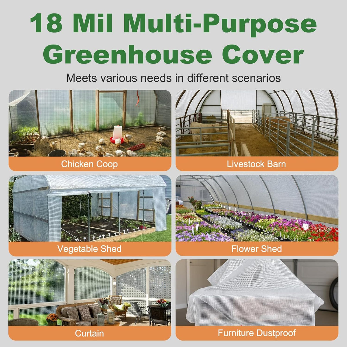 18 Mil Greenhouse Cover, 10x10 FT Clear Heavy Duty Greenhouse Tarp, UV Resistant Waterproof Green House Plastic Covering with Grommets for Garden, Farms, Nursery