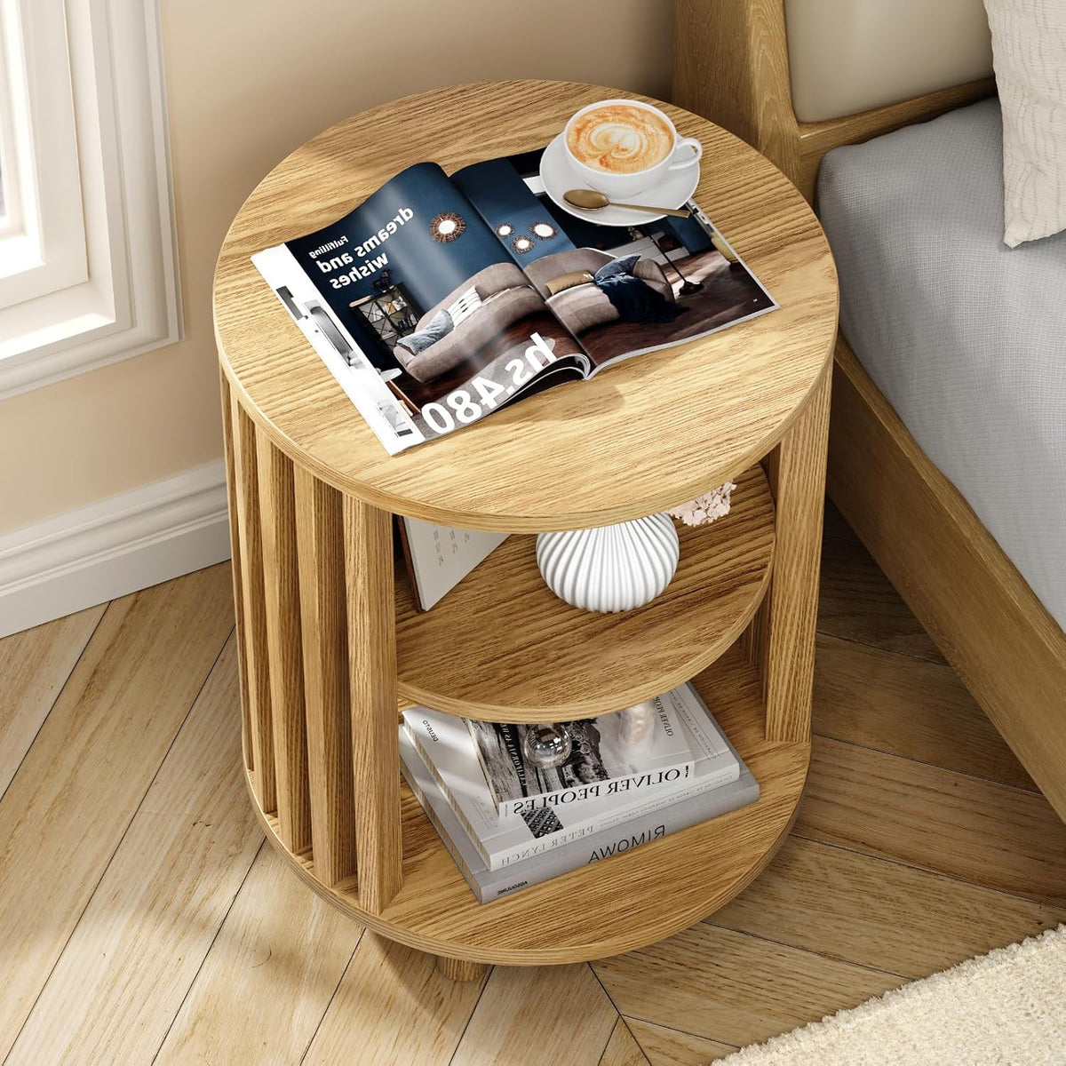 Round End Table, Wood Bedside Table, Mid Century Modern Nightstand with Open Storage Shelf, 3 Tier Small Side Tables for Living Room, Bedroom, Curved Profile Design, Natural Oak(1-Pack)