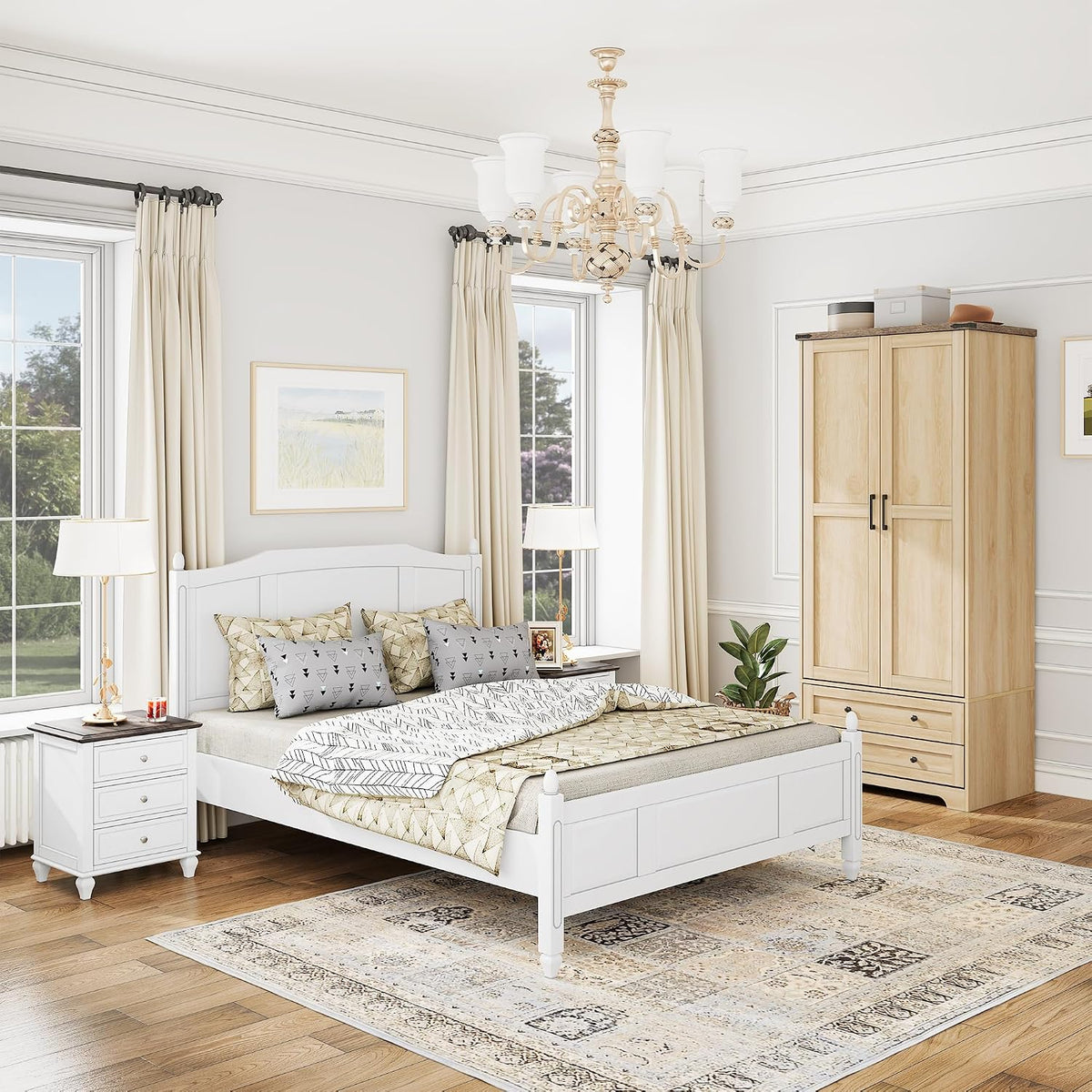 Brafab 2 Doors Wooden Armoire Wardrobe Closet with 2 Drawers, Natural | 2 Modern Doors, Freestanding, with Drawers and Hanging Rail, Wooden Storage Cabinet with Shelf, for Bedroom