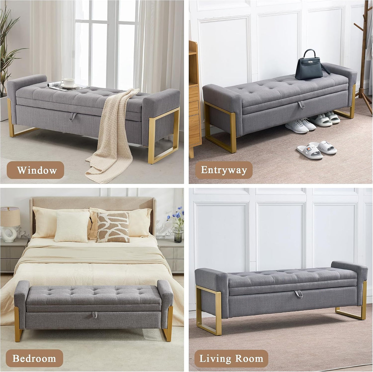 57" Storage Ottoman Bench,Upholstered Linen End of Bed Bench Entryway Storage Bench for Living Room,Light Grey