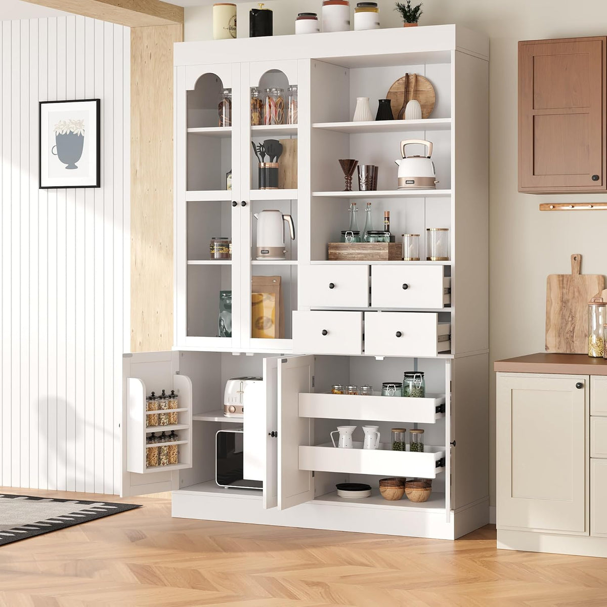 Freestanding Buffet with Hutch, 47.2 * 15.7 * 75 inch Tall Kitchen Pantry Cabinet with 4 Drawers, Door Shelves and Pull-Out Trays for Dining, Living Room, White