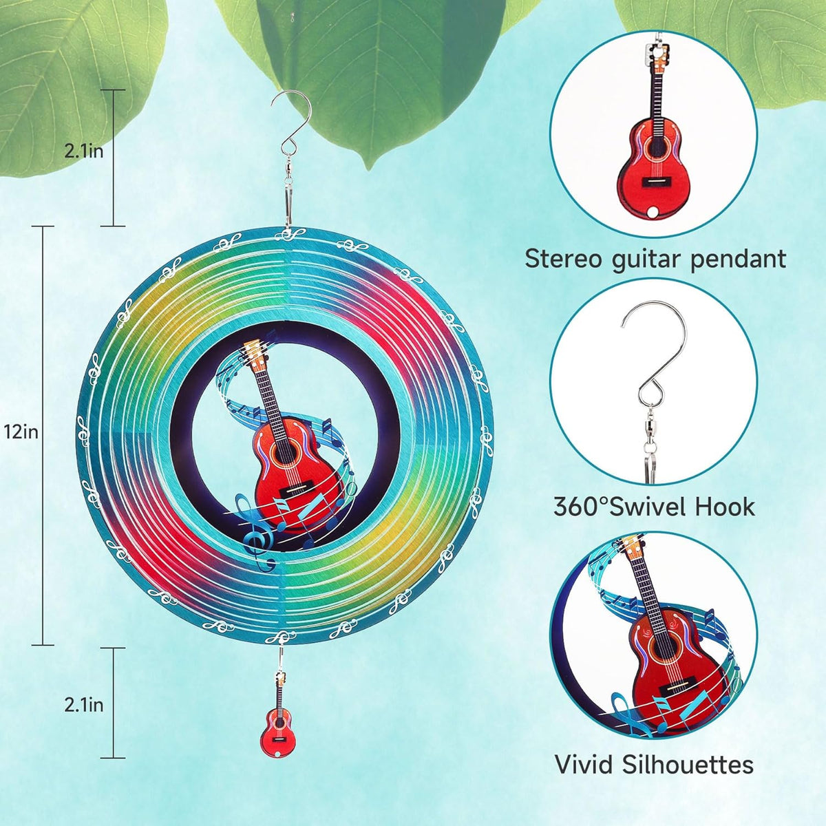 Guitar Wind Spinners Garden Yard Decor Gift for Women Men, 12 Inch Outdoor Metal 3D Wind Spinner, Stainless Steel Hanging Wind Catchers Kinetic Sculpture for Outside Decoration