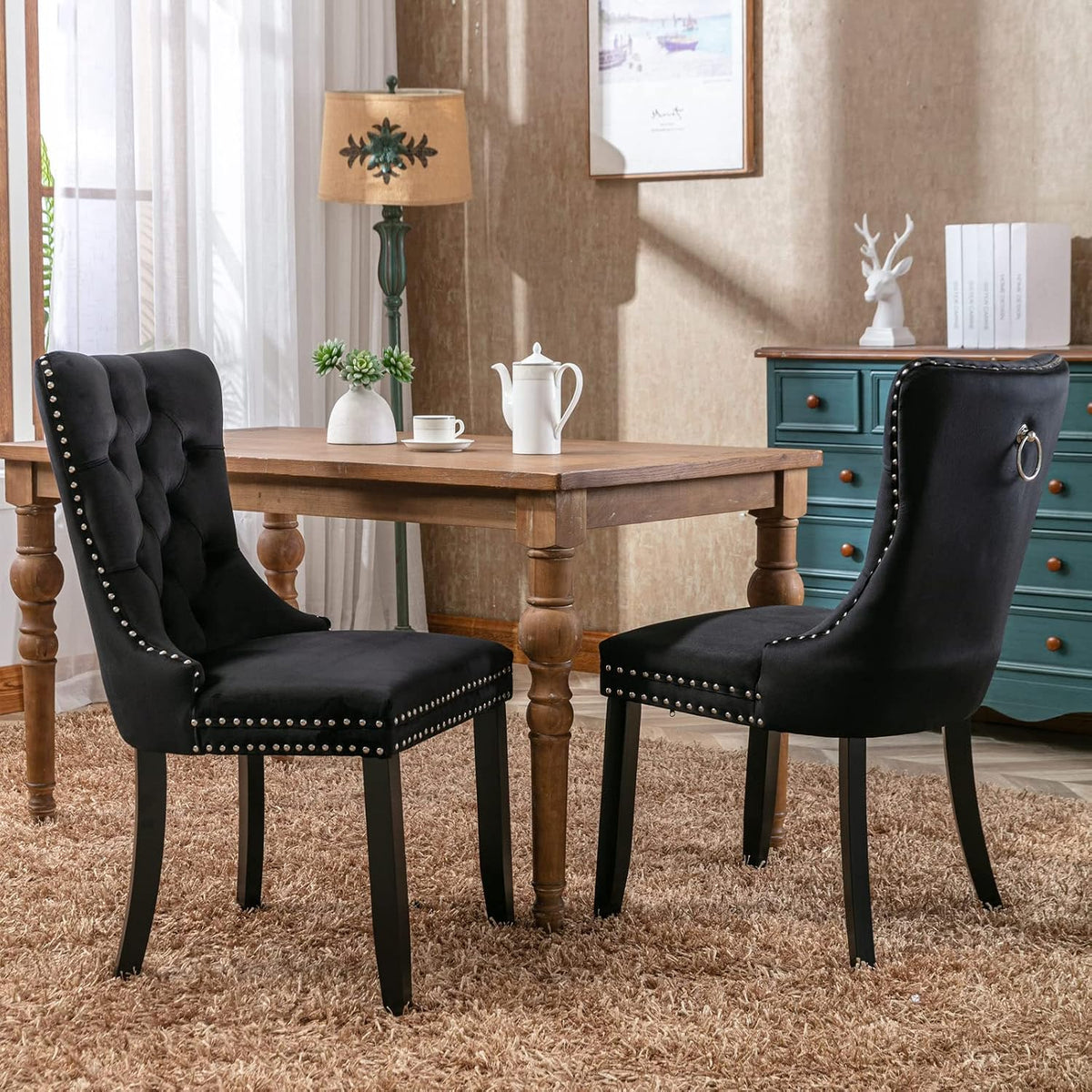 63"-78.7" Extendable Dining Table Set of 6, Rustic Brown Kitchen Dining Table & 6 Upholstered Velvet Chairs with Wood Leg, Modern 7 Piece Wood Expandable Kitchen Table Set
