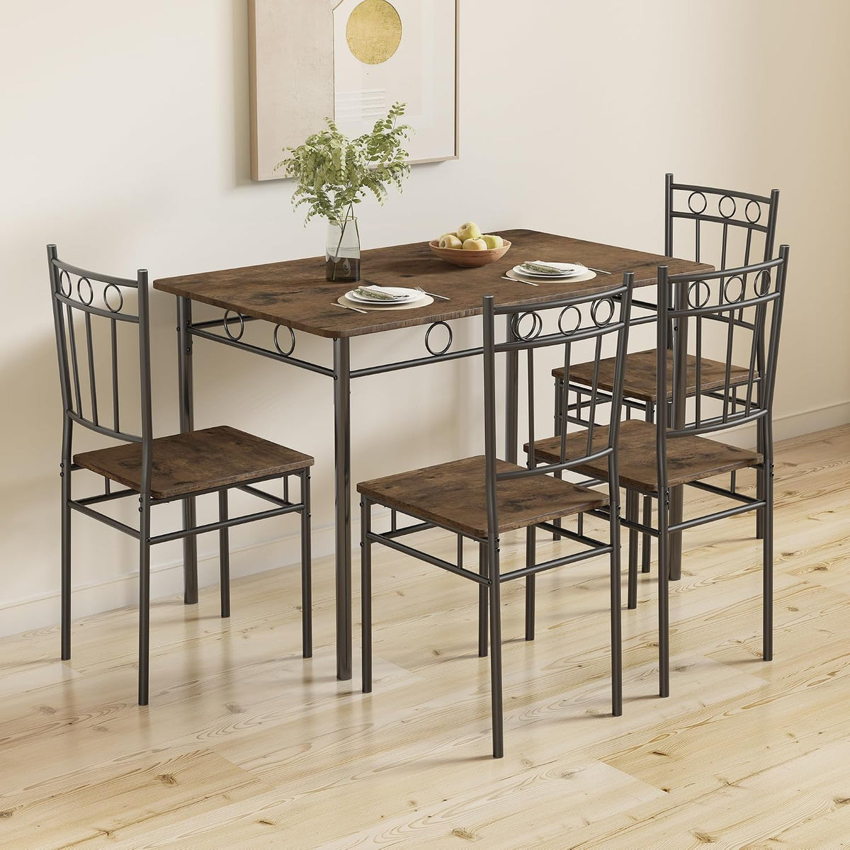 Dining Table Set for 4, 5-Piece Kitchen Table and Chairs, Rectangular Dining Room Table Set with 4 Chairs, Space-Saving Kitchen Table Set for Small Space,Dinette,Apartment,Retro Brown