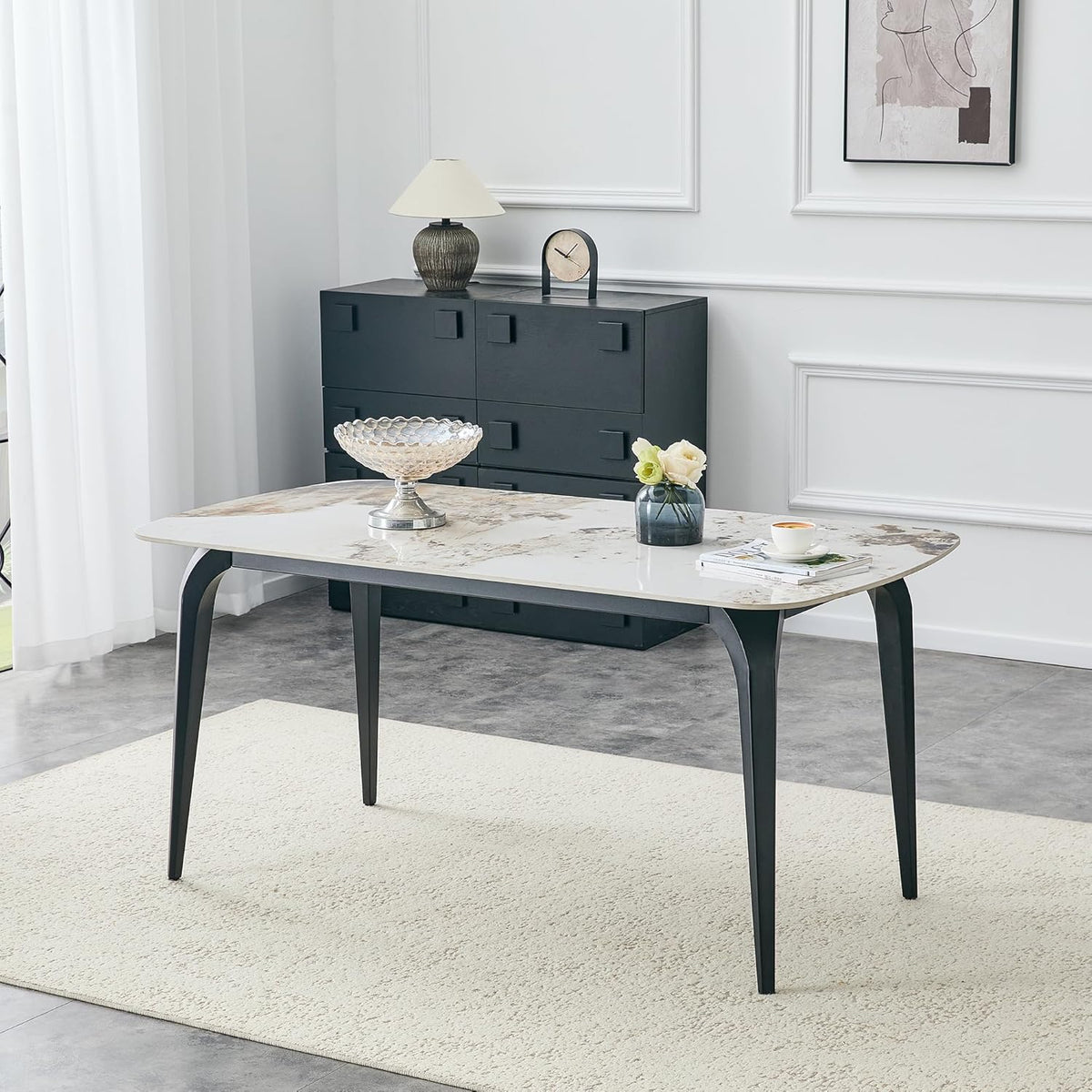 Modern Rectangular Dining Table,63”Sintered Stone Dining Table for 4-6, Stone Top with Carbon Steel Frame for Small Space,Kitchen Office,Apartment,Cafe(Marble)