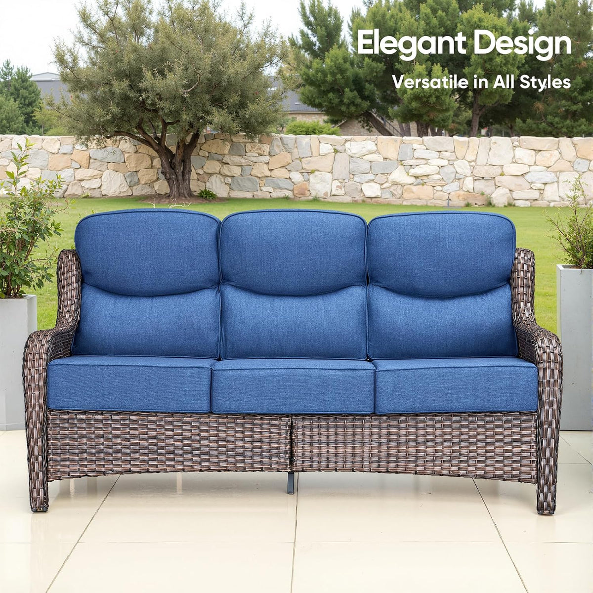 Swivel Patio Chairs sofa Set of 6 with 6" Thick Cushion - Wicker Outdoor Swivel Rocker Patio Chair ,Sofa/Glass coffee table, High Back Comfortable Outdoor Glider Chairs - Brown Wicker - Blue Cushions