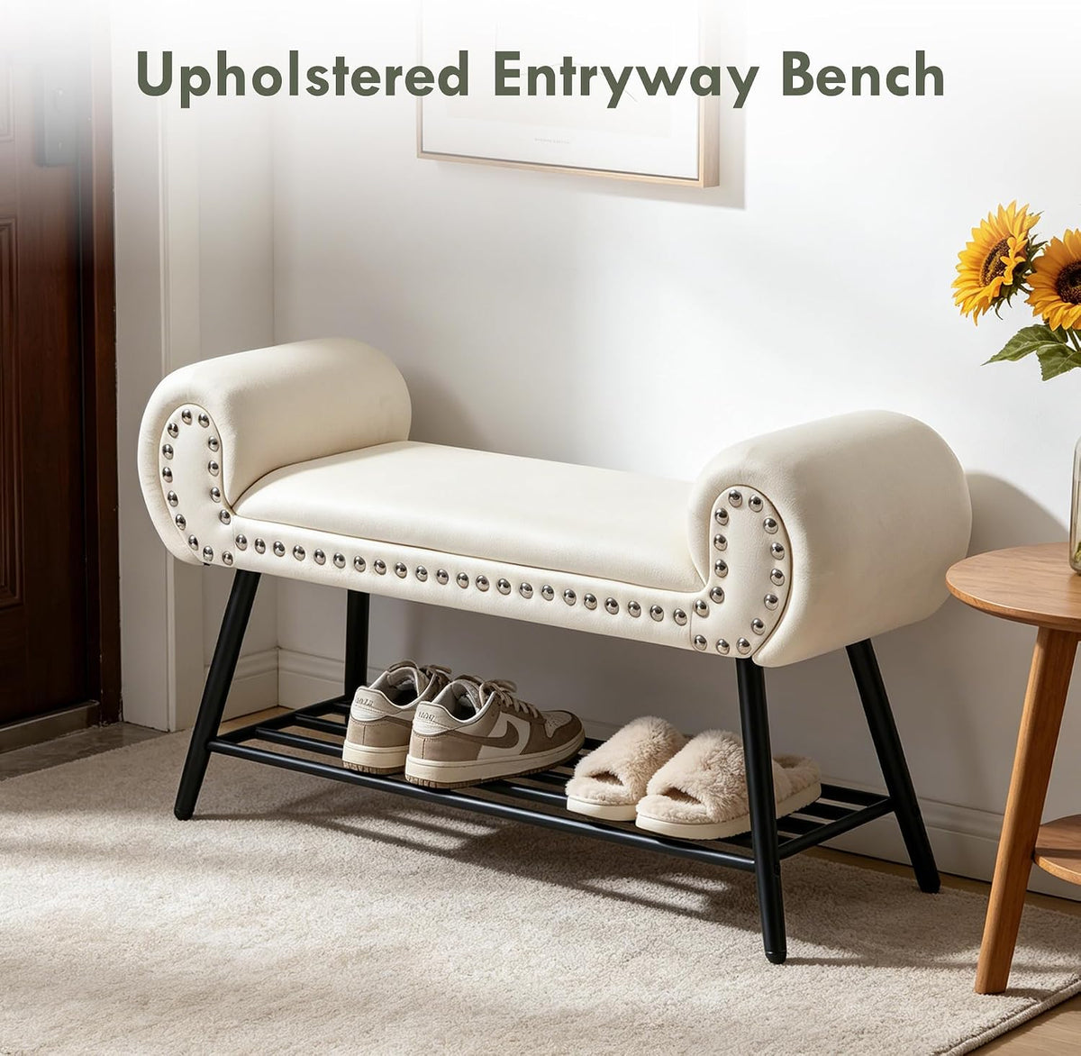 45" Entryway Bench with Shoe Storage,Modern Bedroom Velvet Fabric Upholstered with Stable Metal Frame and Solid Shelf for Bedroom, Living Room,Foyer, 330LB, Cream