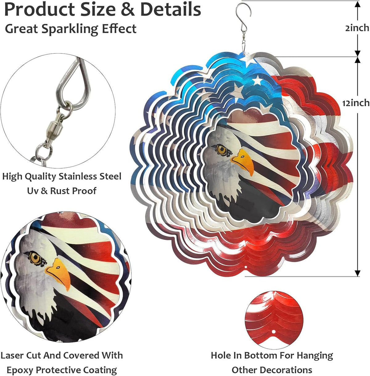 American Flag Wind Spinner - Patriotic Eagle Design | 12In 3D Holographic Hanging Wind Sculptures & Spinners, Outdoor Yard & Garden Decor for 4th of July, Memorial Day | Gift for Men, Women